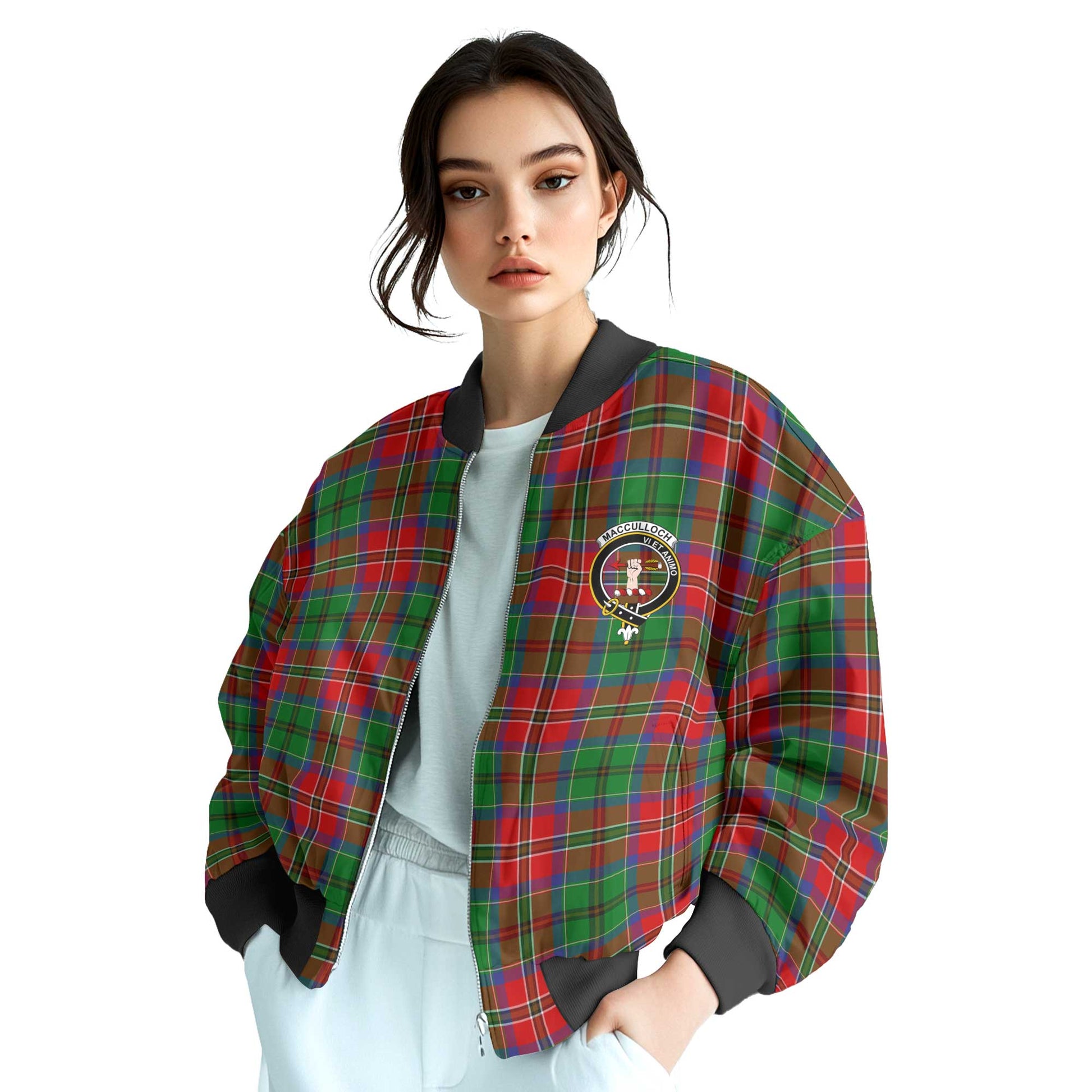 Clan Macculloch Tartan Women Bomber Jacket Crest And Plaid Basic Style