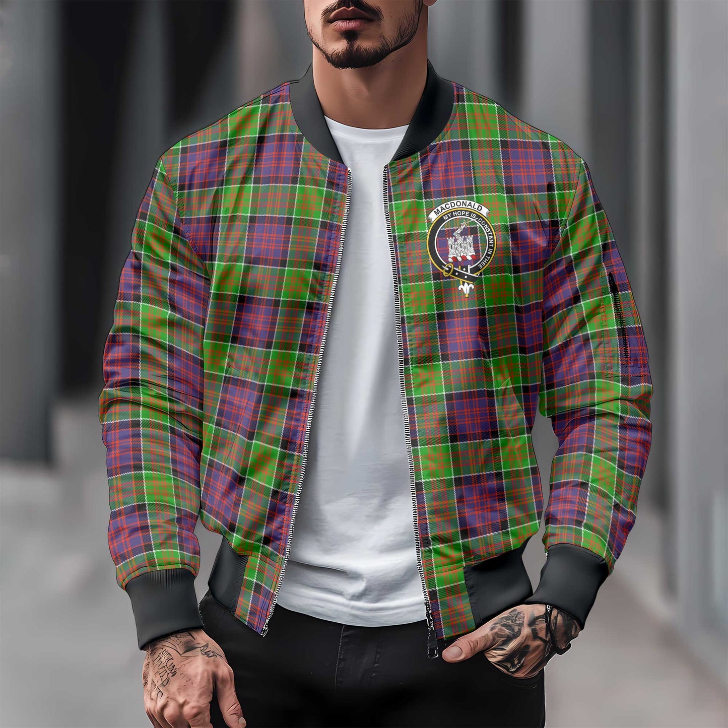 Clan Macdonald Donald Tartan Men Bomber Jacket Crest And Plaid Basic Style