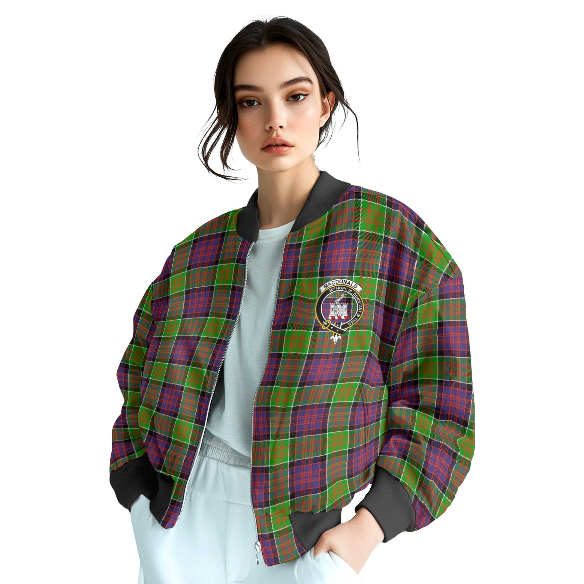 Clan Macdonald Donald Tartan Women Bomber Jacket Crest And Plaid Basic Style