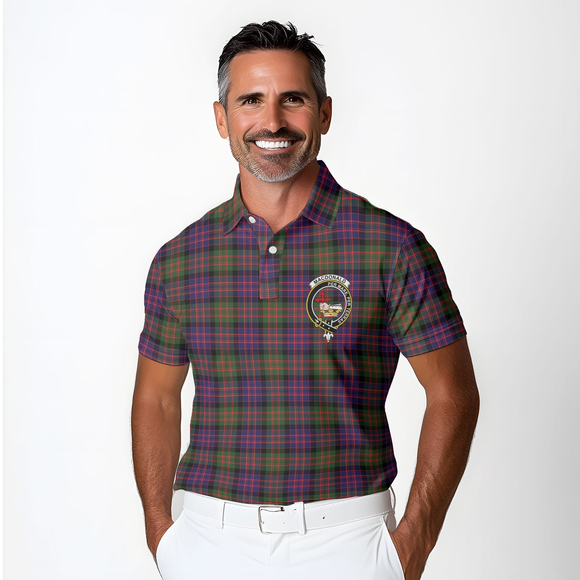 Clan Macdonald Tartan Golf Men Polo Shirt Crest And Plaid Basic Style