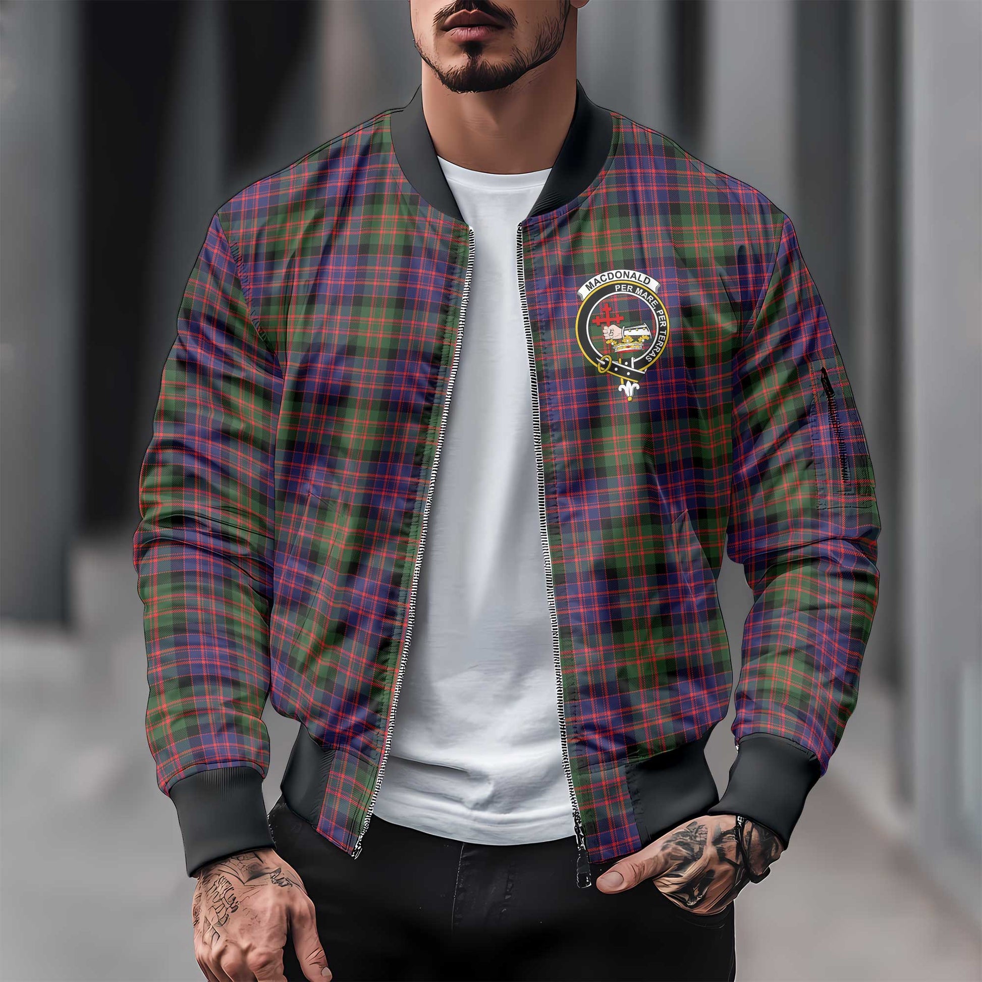 Clan Macdonald Tartan Men Bomber Jacket Crest And Plaid Basic Style