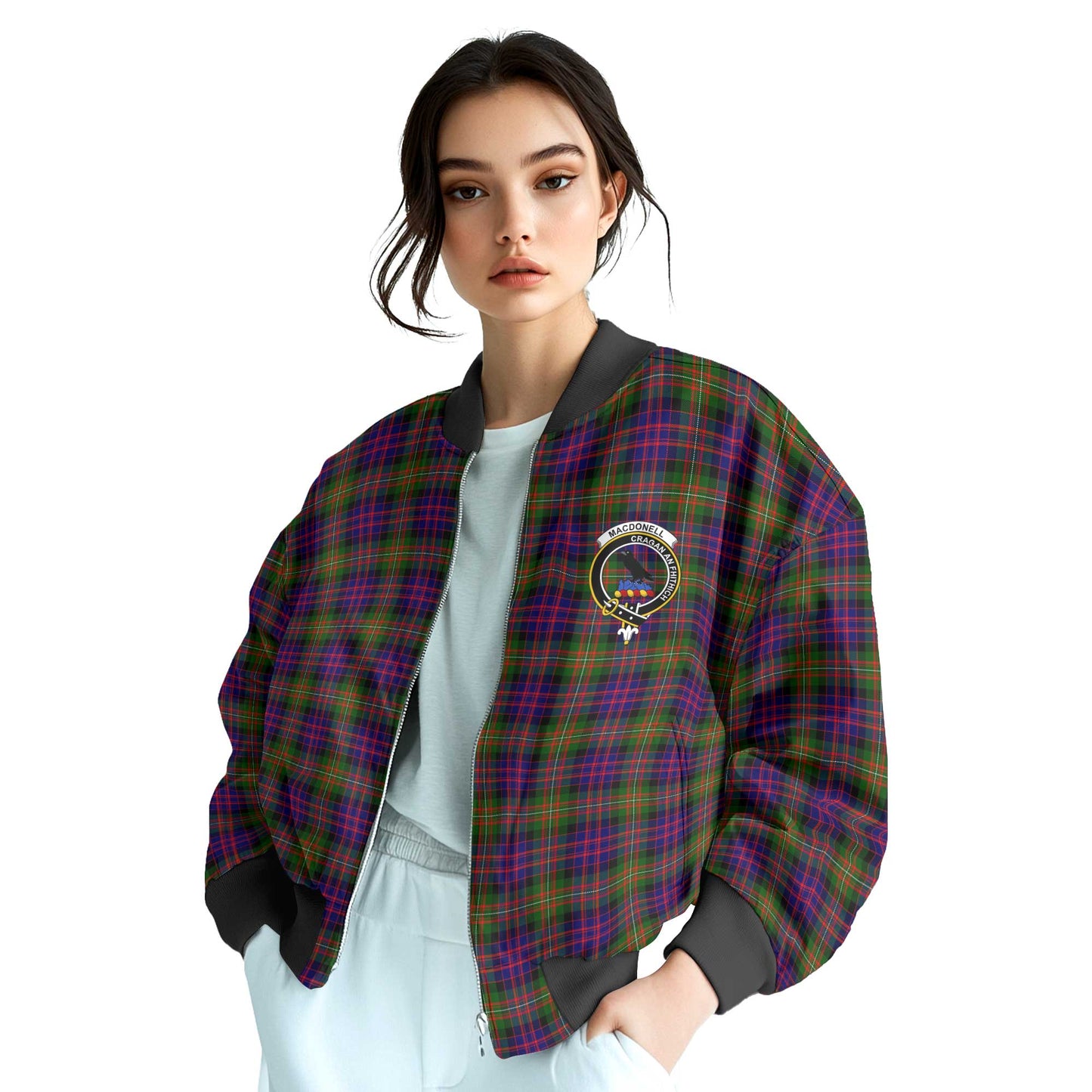 Clan Macdonell Of Glengarry Tartan Women Bomber Jacket Crest And Plaid Basic Style