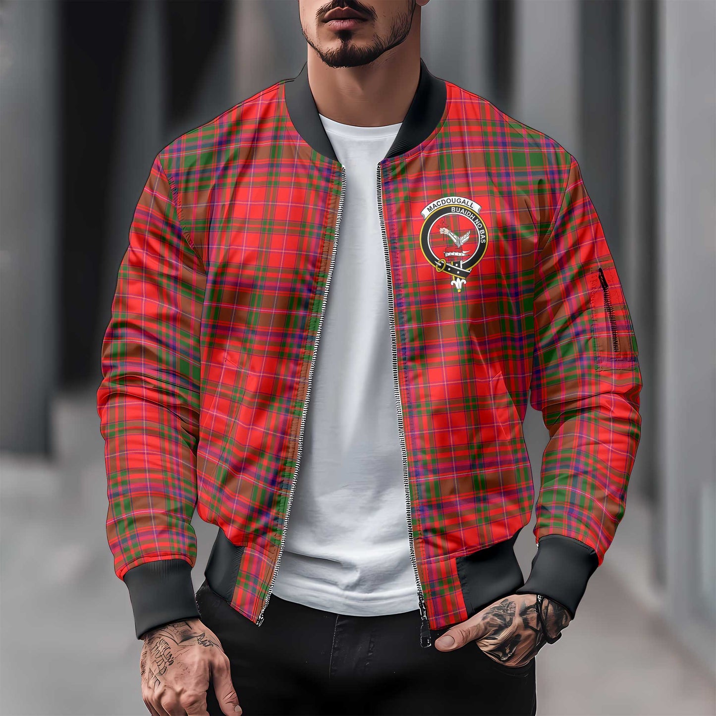 Clan Macdougall Tartan Men Bomber Jacket Crest And Plaid Basic Style