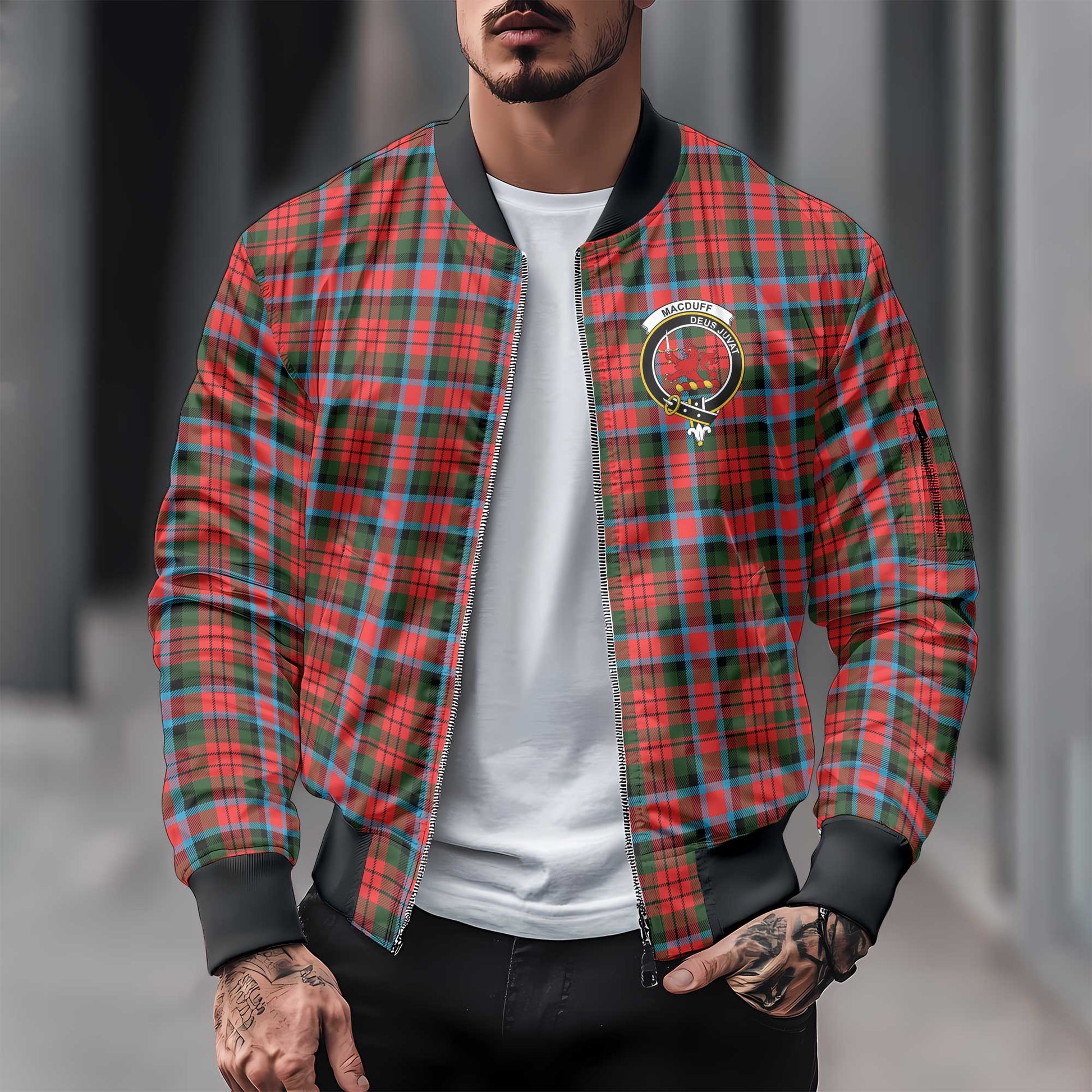 Clan Macduff Tartan Men Bomber Jacket Crest And Plaid Basic Style