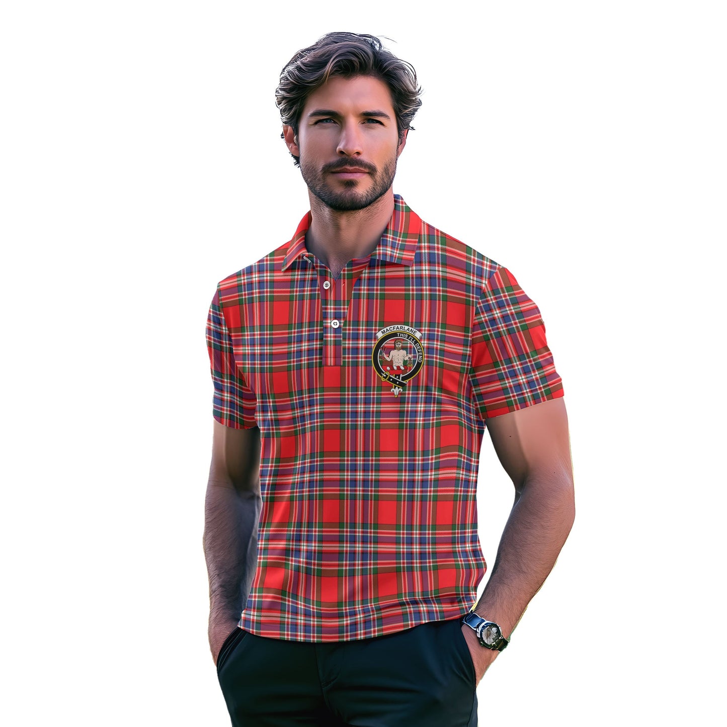 Clan Macfarlane Tartan Golf Men Polo Shirt Crest And Plaid Basic Style