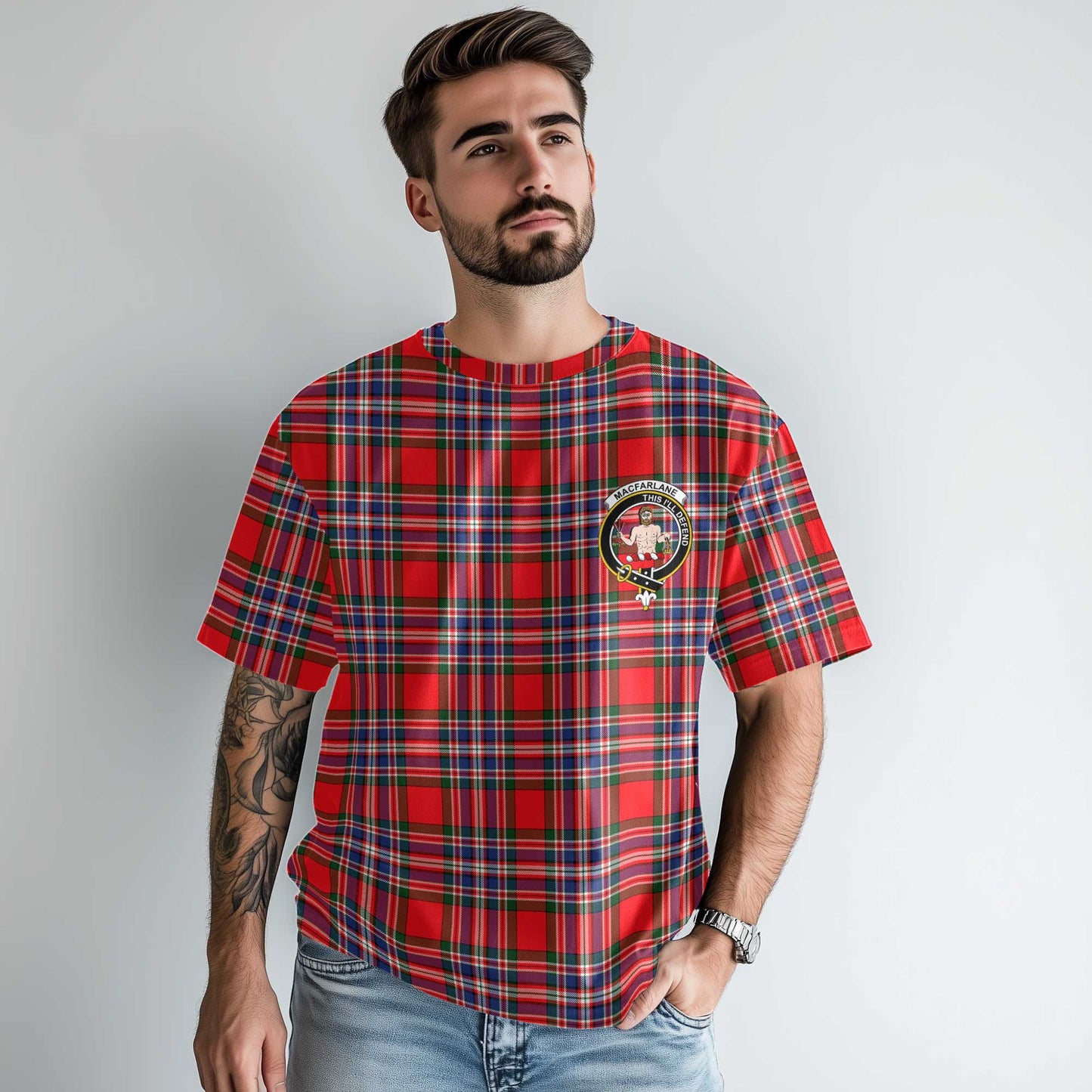 Clan Macfarlane Tartan Men T Shirt Crest And Plaid Basic Style