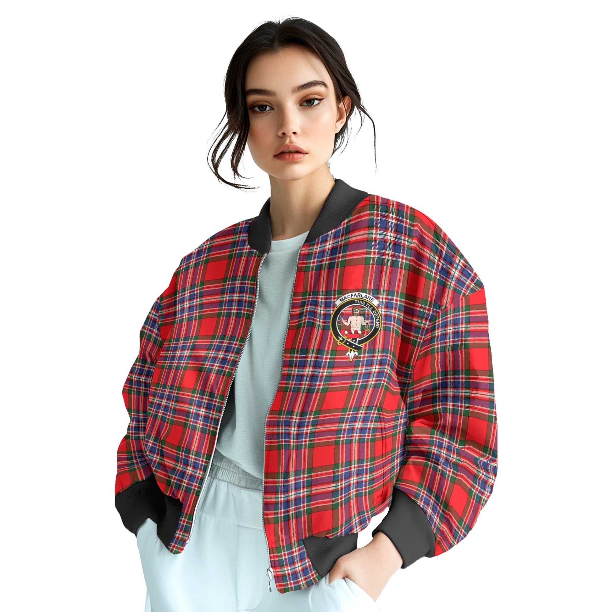 Clan Macfarlane Tartan Women Bomber Jacket Crest And Plaid Basic Style