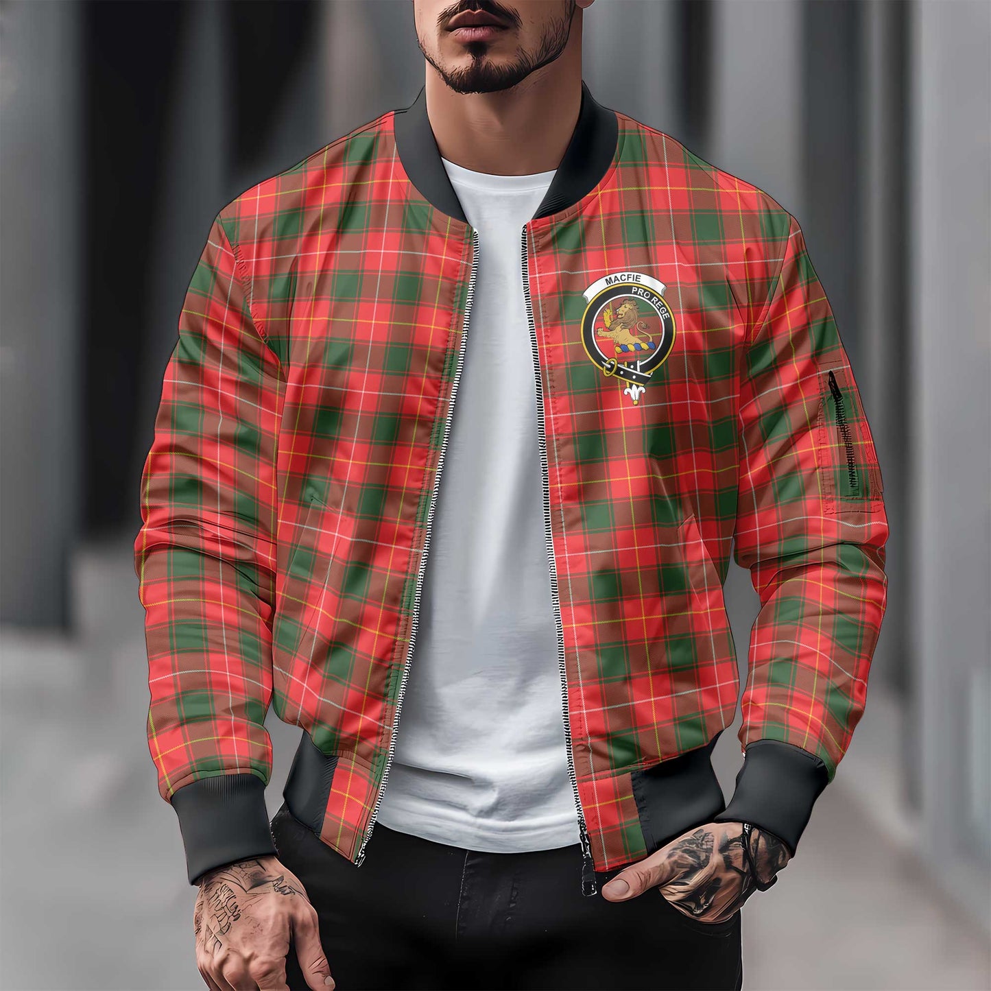 Clan Macfie Tartan Men Bomber Jacket Crest And Plaid Basic Style