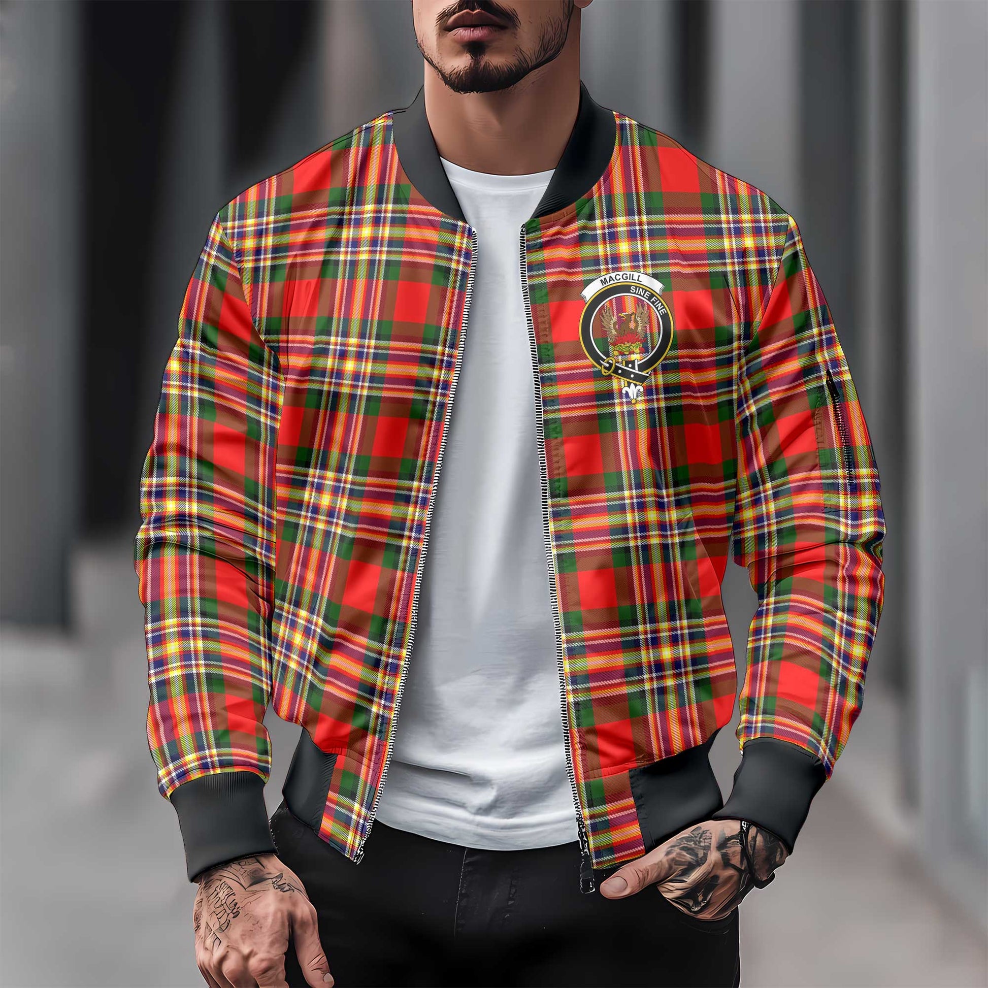 Clan Macgill Tartan Men Bomber Jacket Crest And Plaid Basic Style