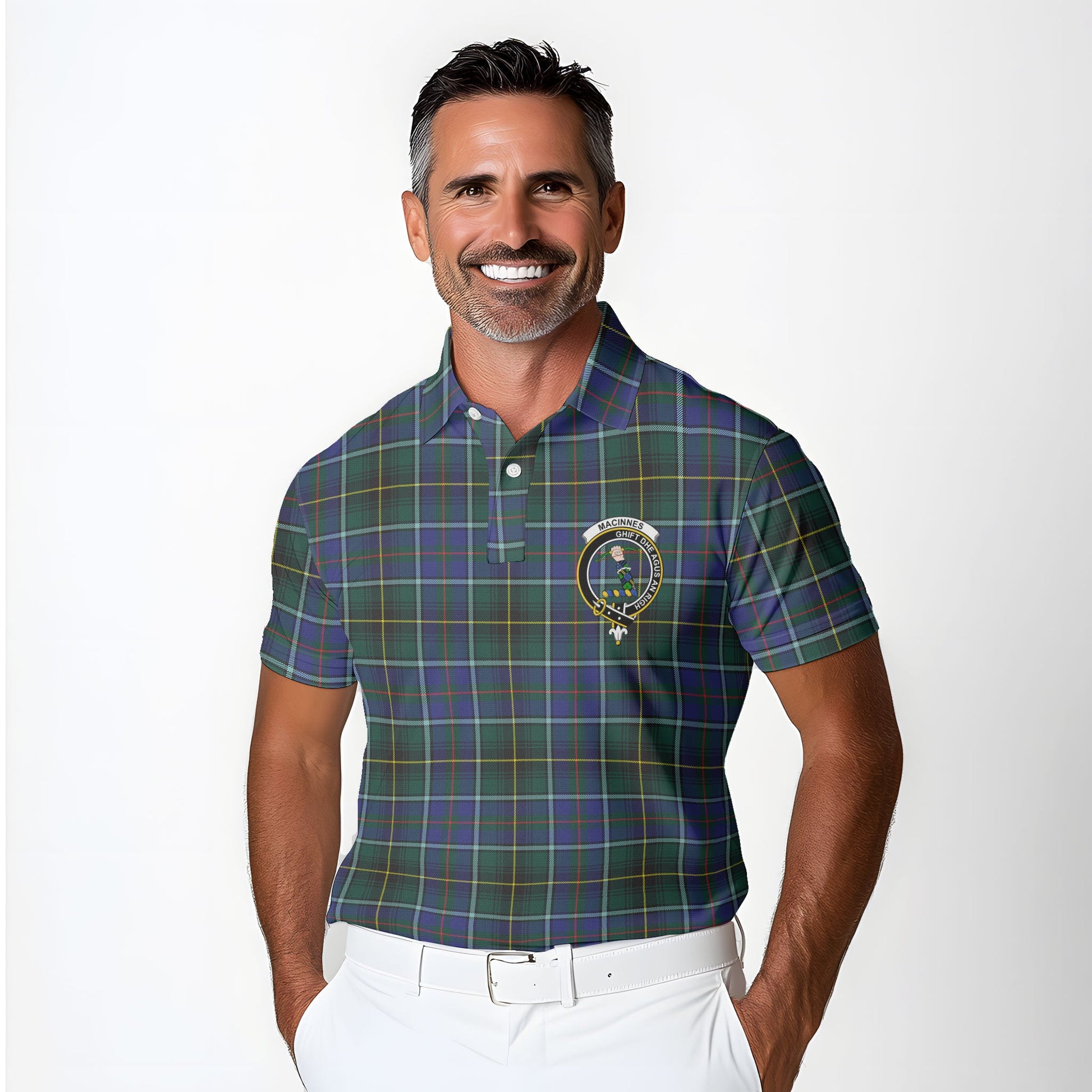 Clan Macinnes Tartan Golf Men Polo Shirt Crest And Plaid Basic Style