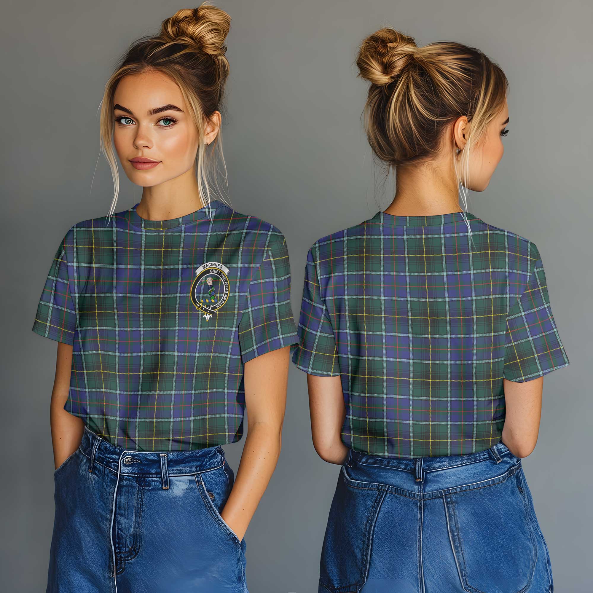 Clan Macinnes Tartan Women T Shirt Crest And Plaid Basic Style