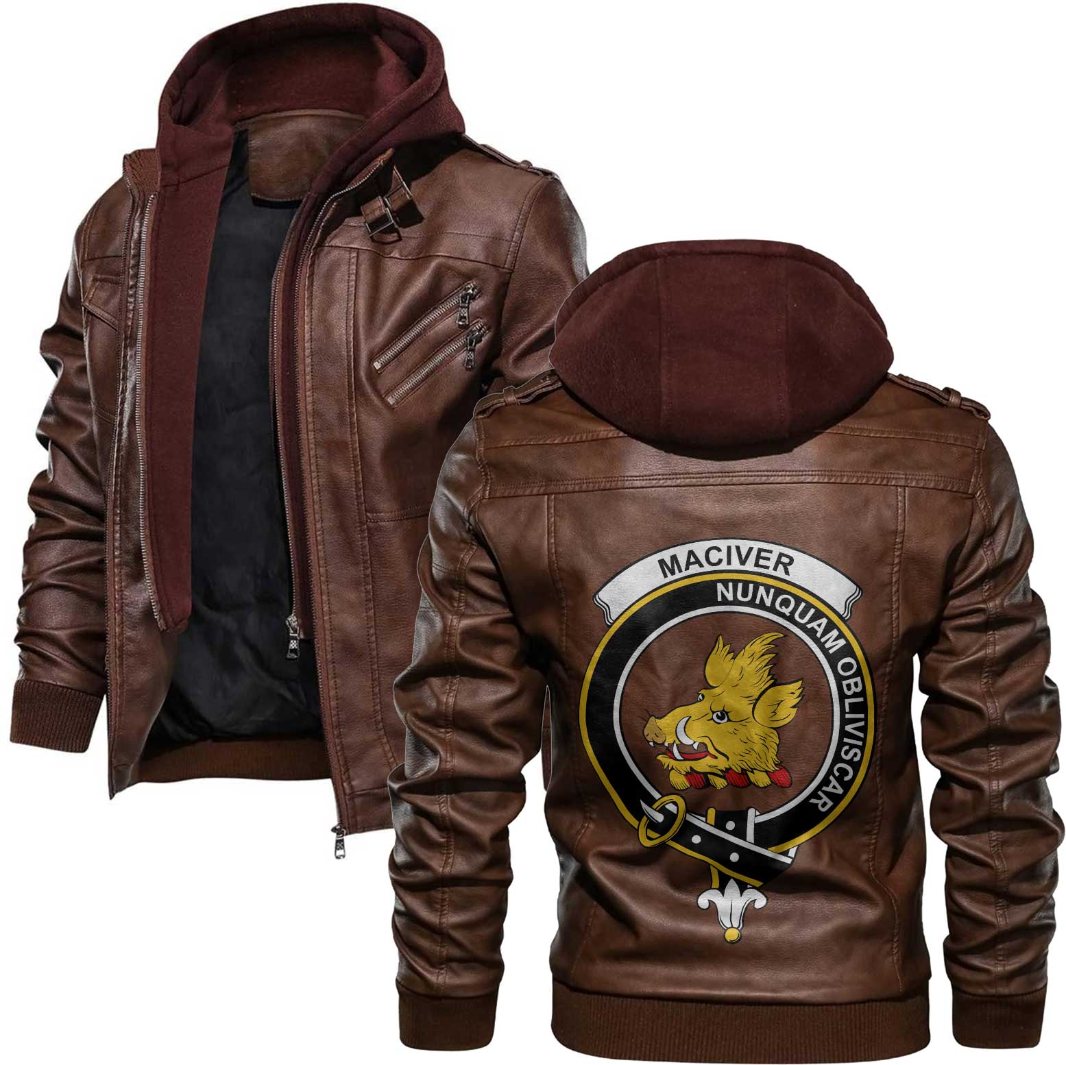 Clan Maciver Tartan Zip Leather Jacket Crest And Plaid Basic Style