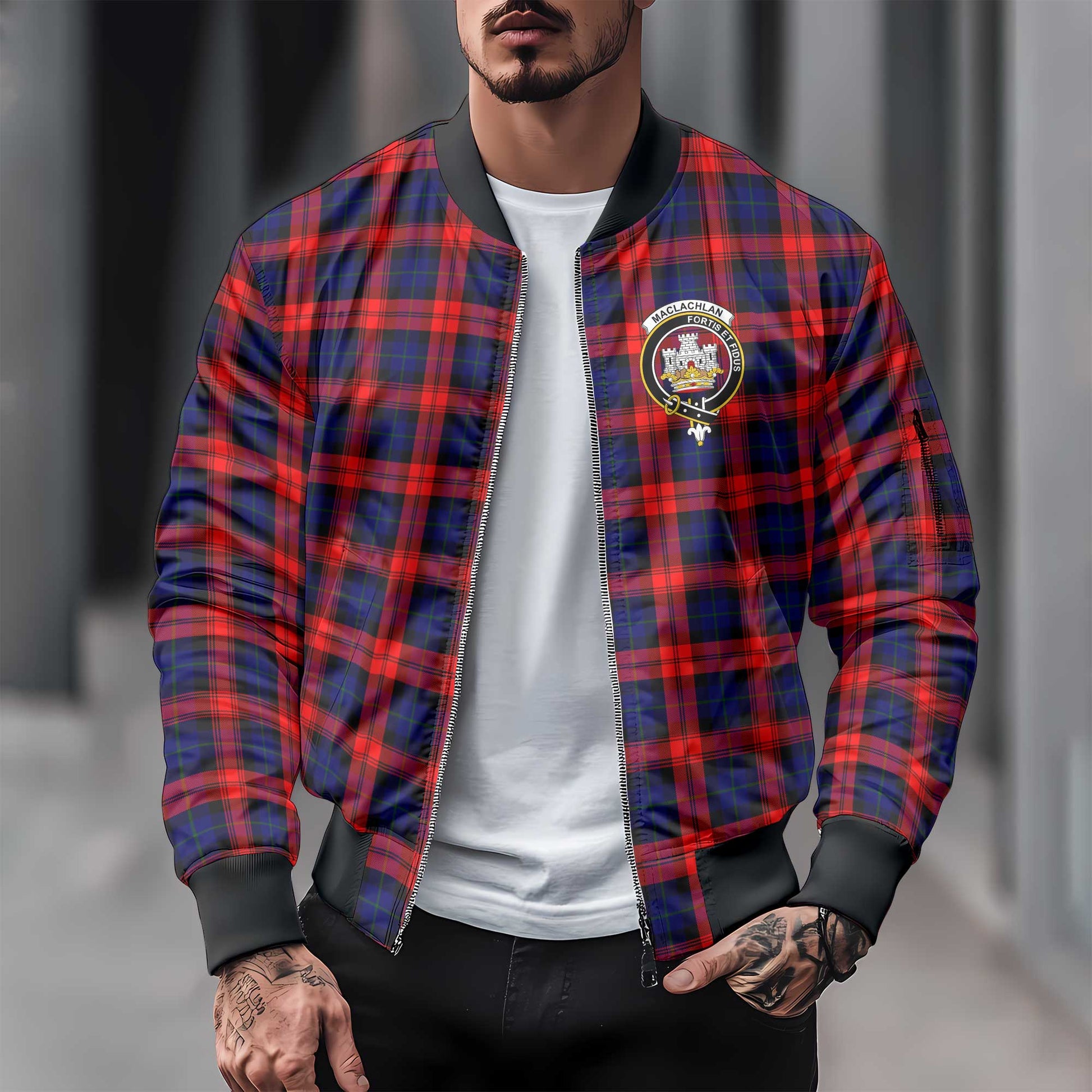 Clan Maclachlan Tartan Men Bomber Jacket Crest And Plaid Basic Style