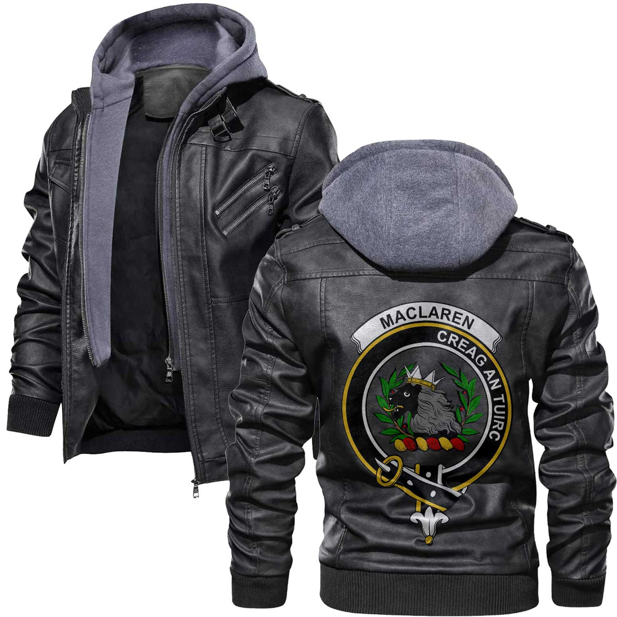 Clan Maclaren Tartan Zip Leather Jacket Crest And Plaid Basic Style