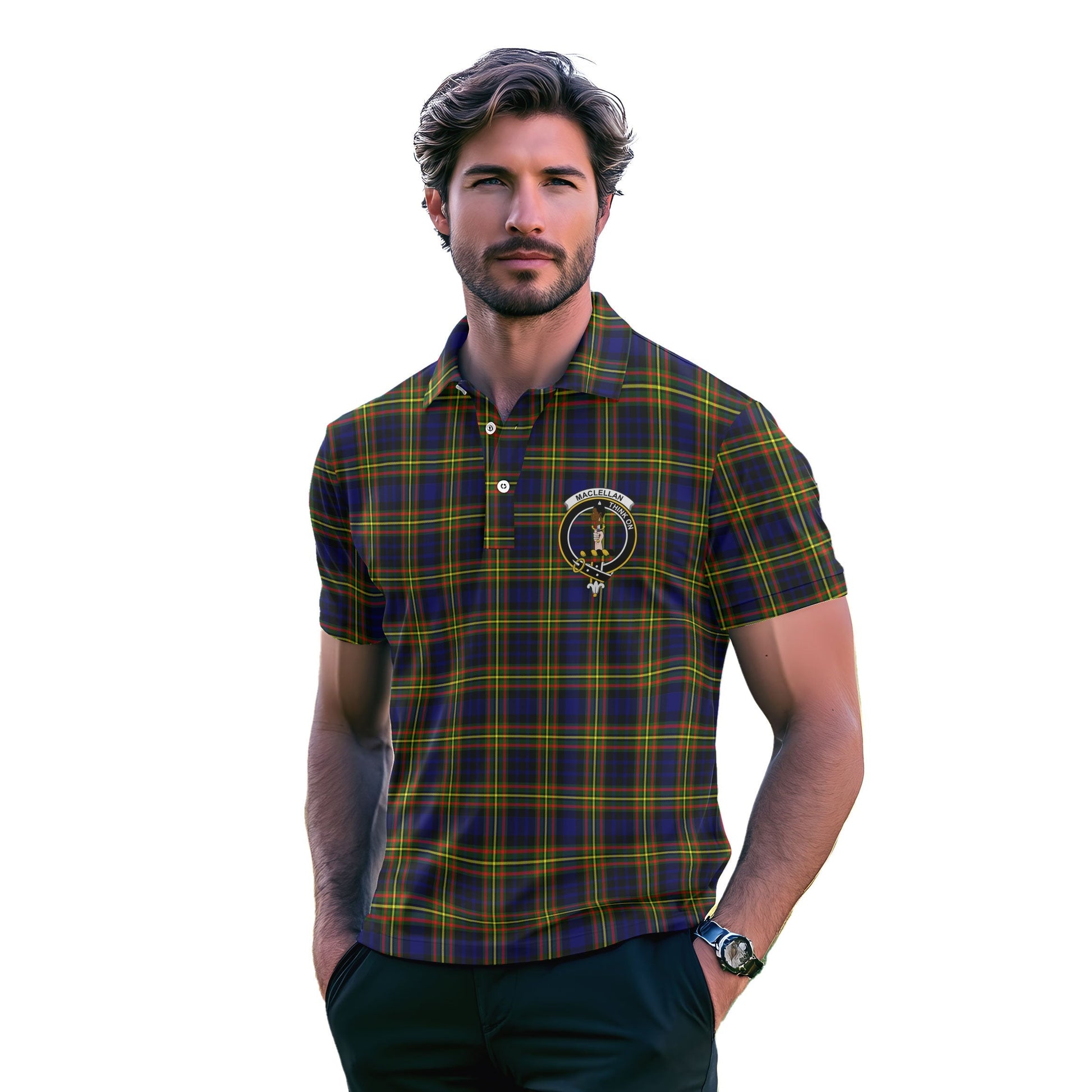 Clan Maclellan Tartan Golf Tartan Men Polo Shirt Crest And Plaid Basic Style