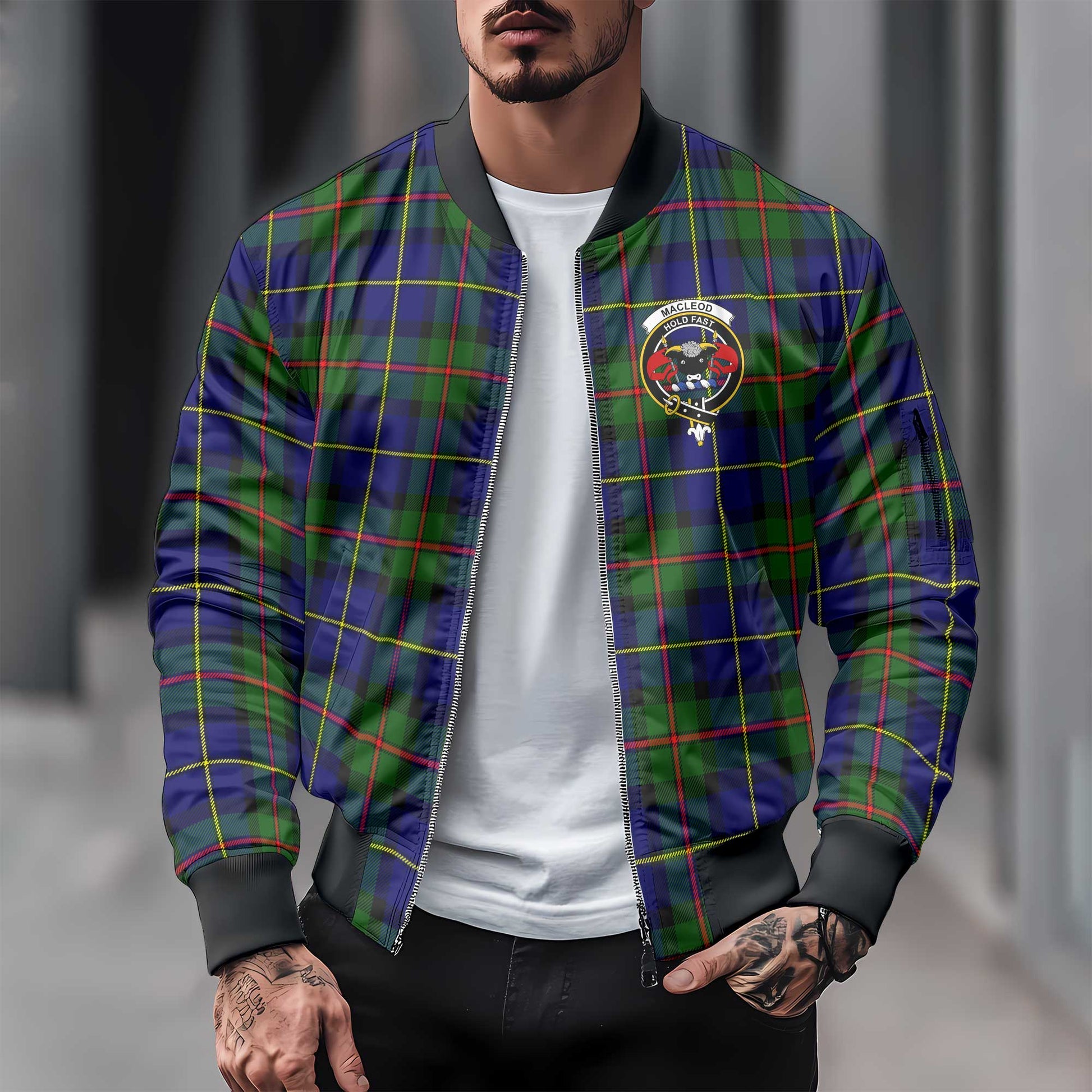 Clan Macleod Tartan Men Bomber Jacket Crest And Plaid Basic Style