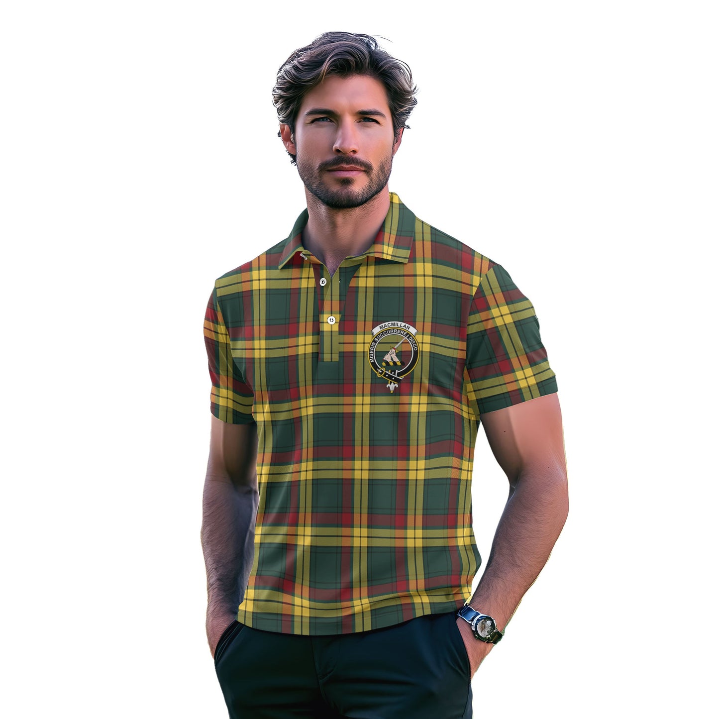 Clan Macmillan Tartan Men Polo Shirt Crest And Plaid Basic Style