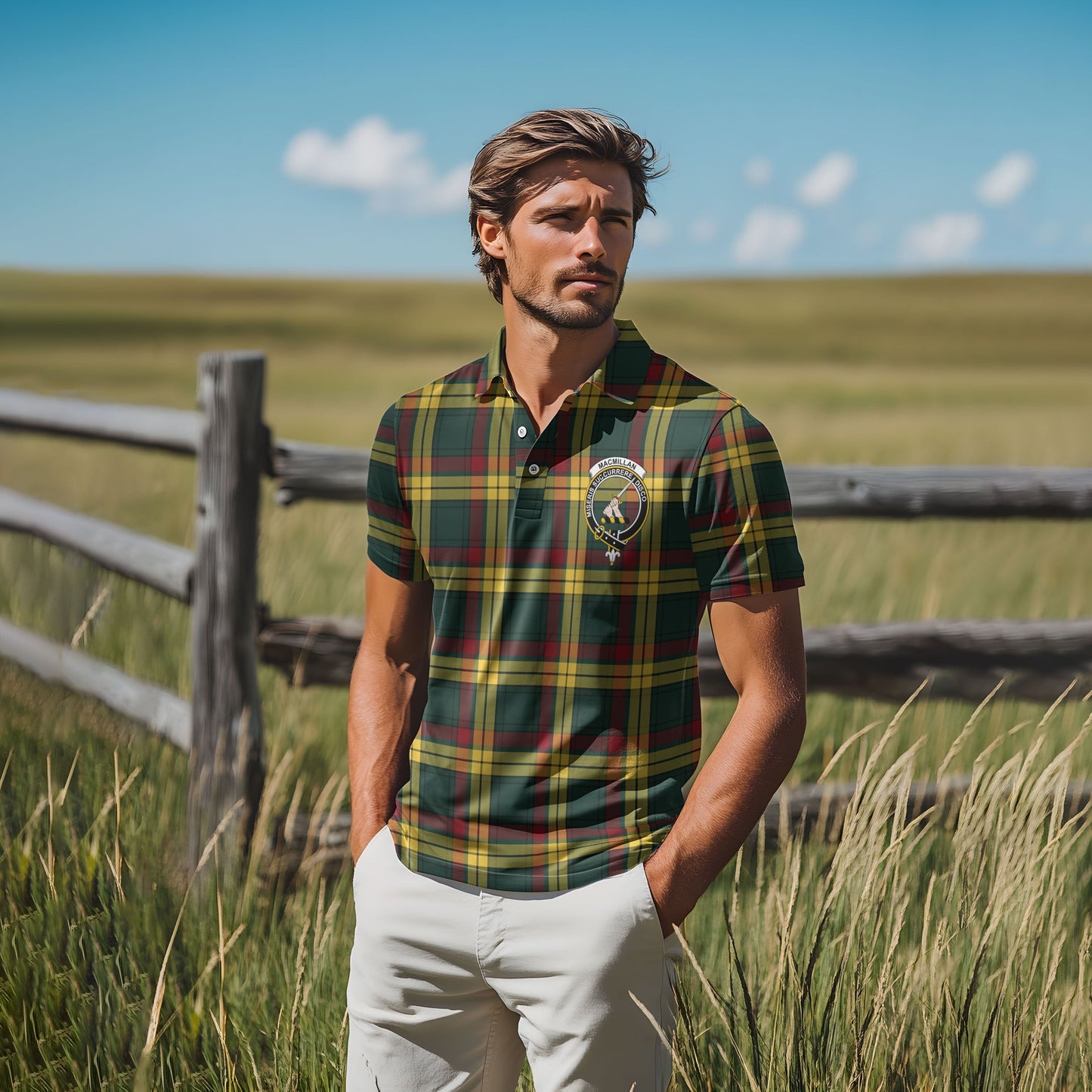 Clan Macmillan Tartan Men Polo Shirt Crest And Plaid Basic Style