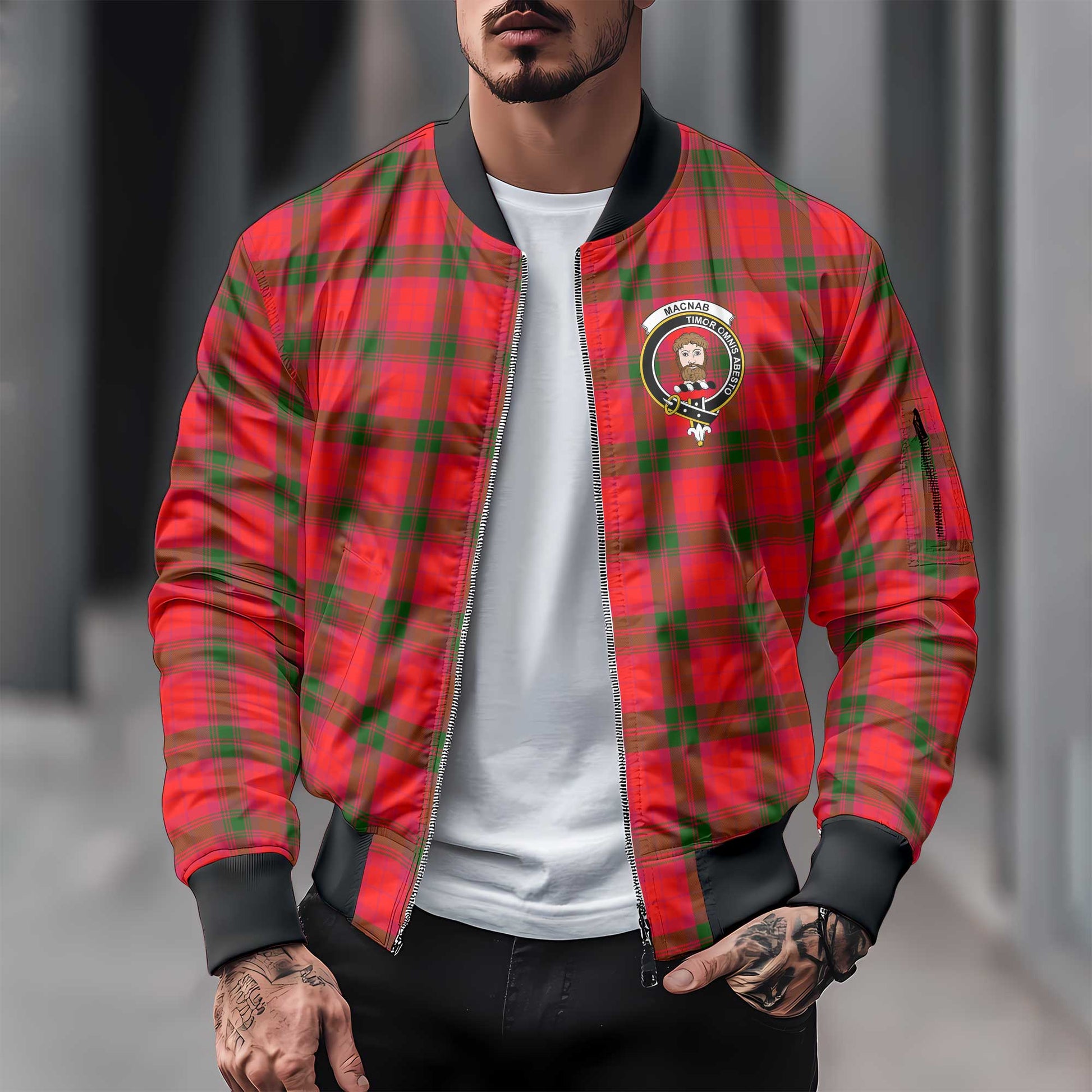 Clan Macnab Tartan Men Bomber Jacket Crest And Plaid Basic Style