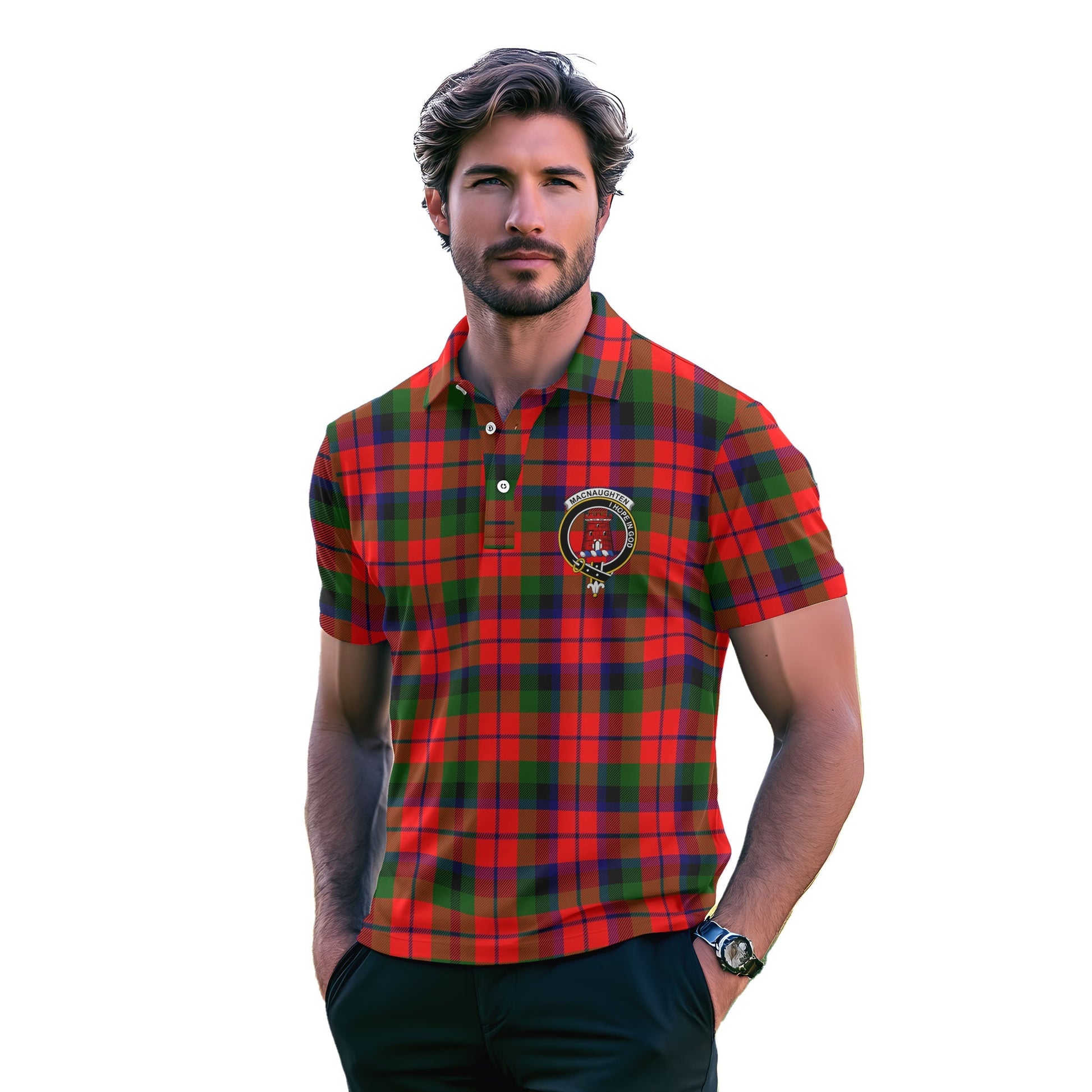 Clan Macnaughten Tartan Golf Tartan Men Polo Shirt Crest And Plaid Basic Style