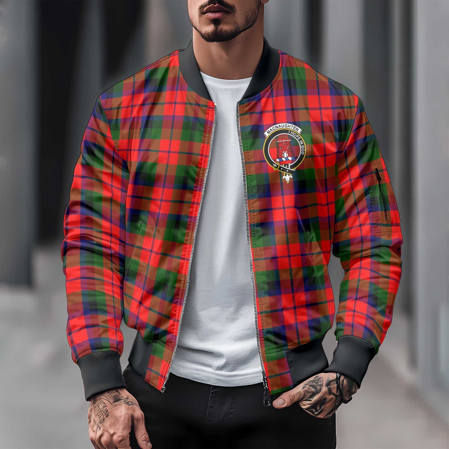 Clan Macnaughten Tartan Men Bomber Jacket Crest And Plaid Basic Style