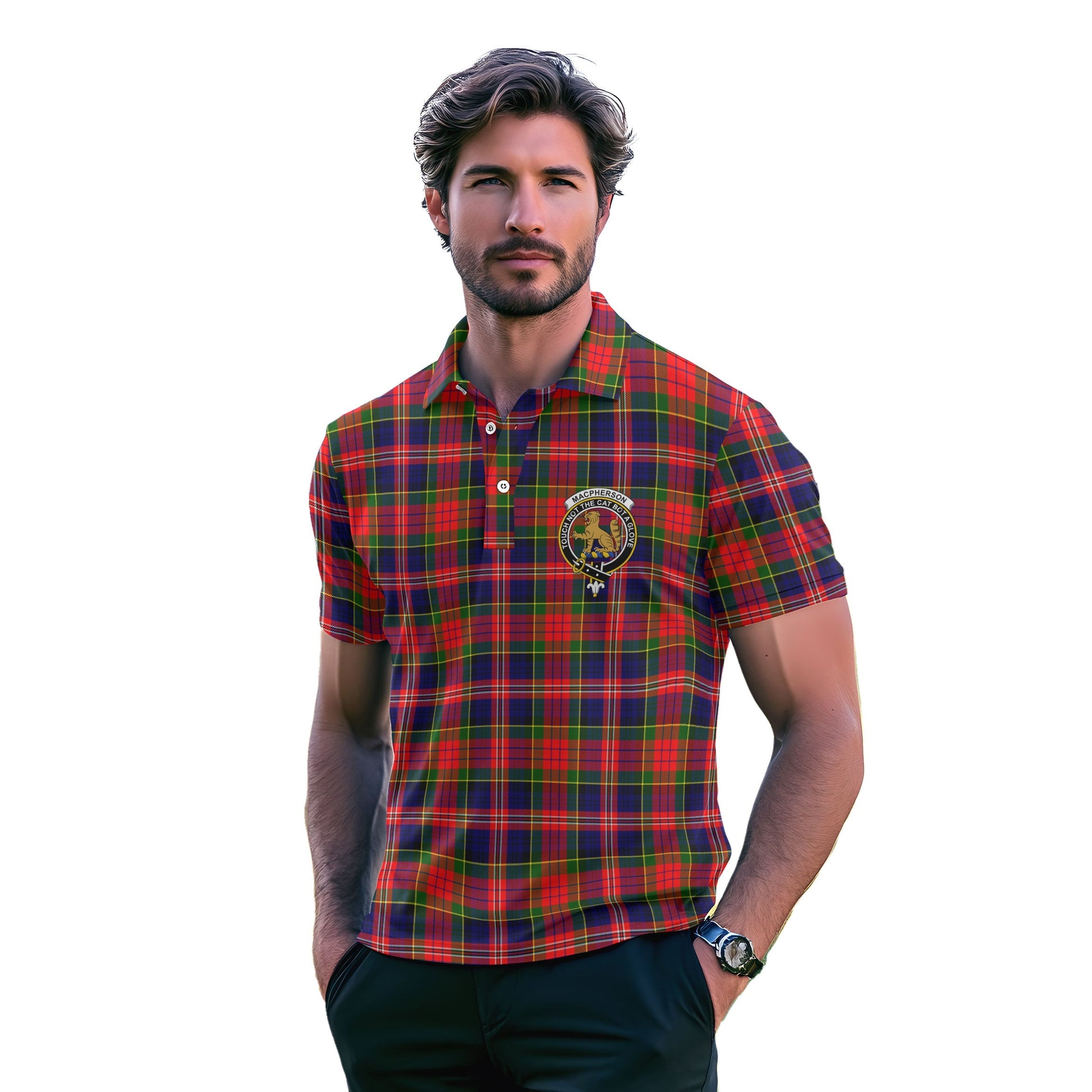 Clan Macpherson Tartan Men Polo Shirt Crest And Plaid Basic Style