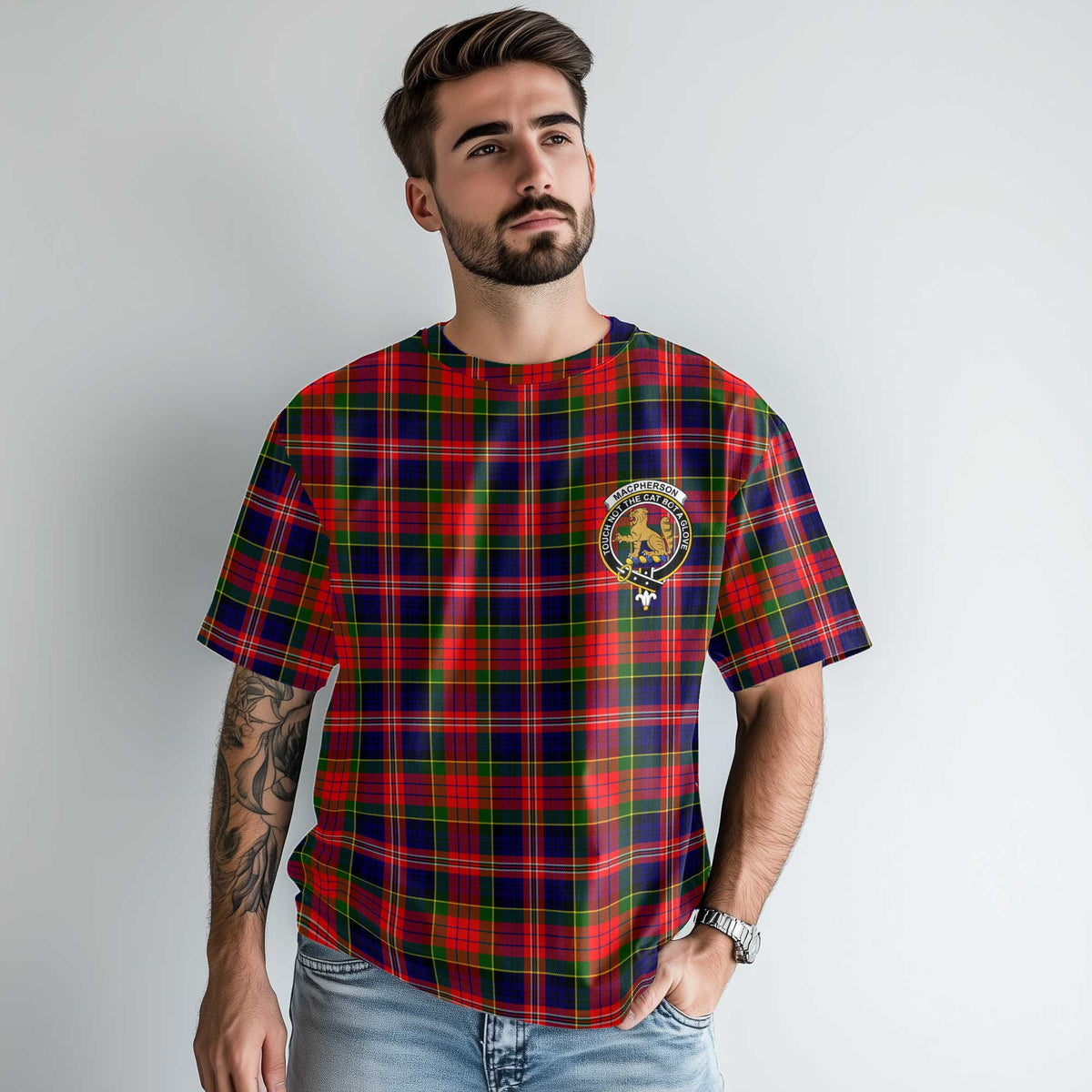 Clan Macpherson Tartan Men T Shirt Crest And Plaid Basic Style