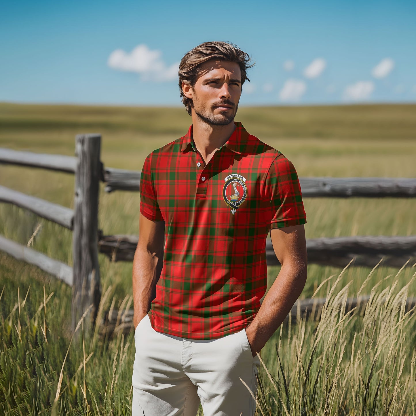 Clan Macquarrie Tartan Golf Tartan Men Polo Shirt Crest And Plaid Basic Style