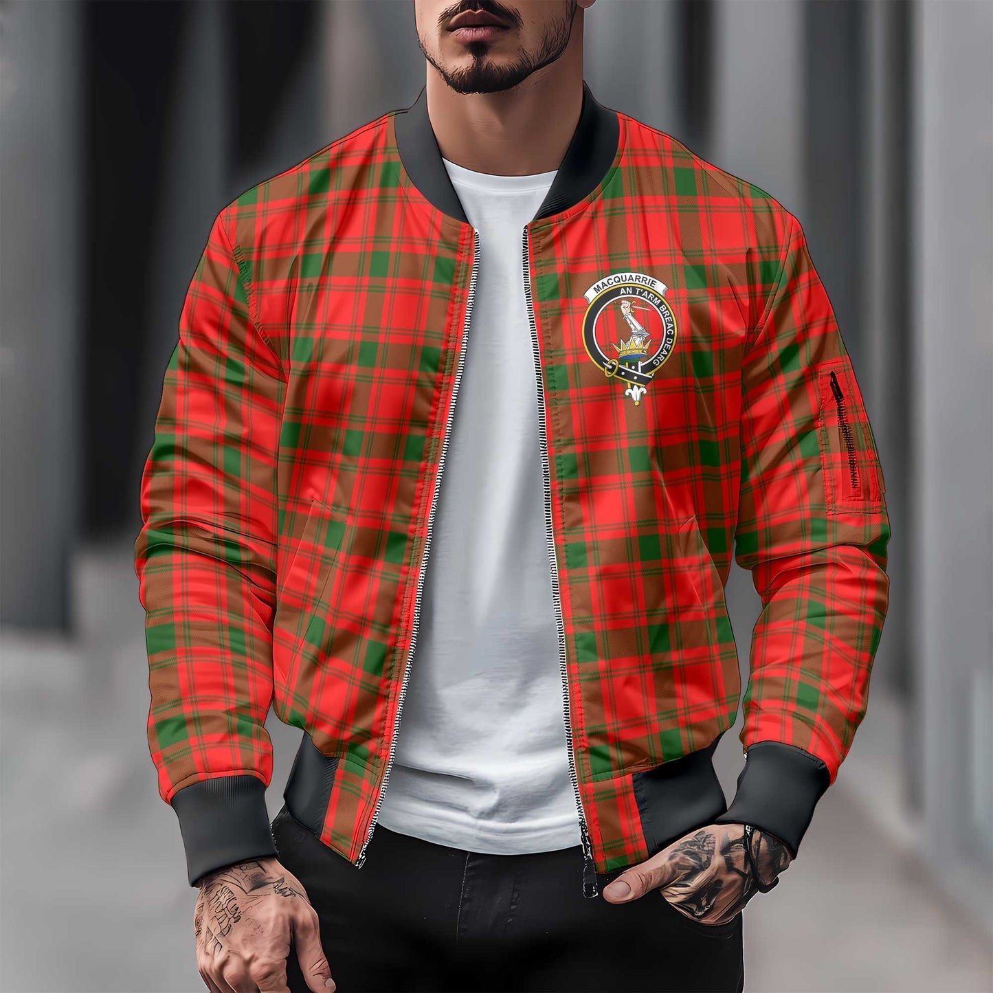 Clan Macquarrie Tartan Men Bomber Jacket Crest And Plaid Basic Style