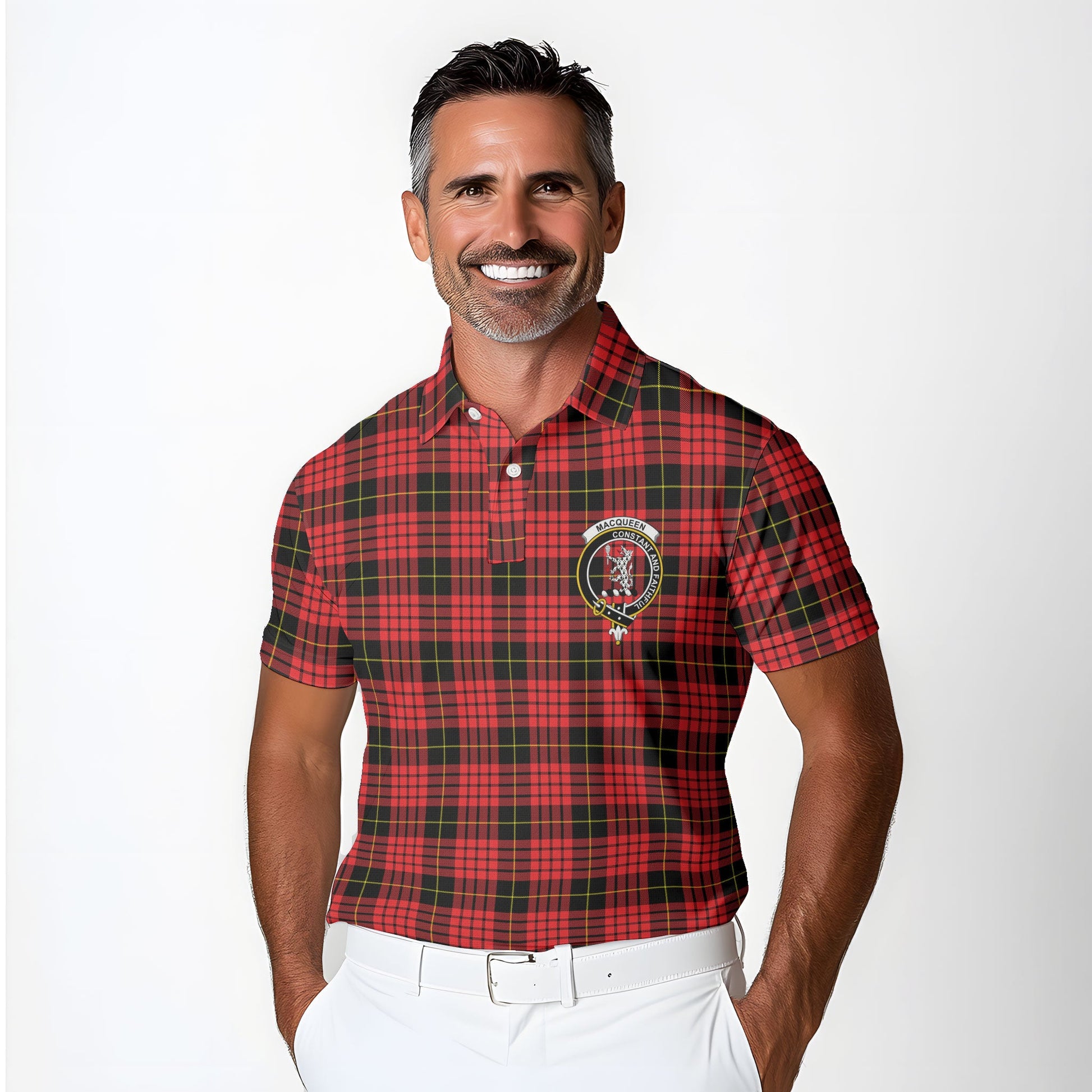 Clan Macqueen Tartan Golf Men Polo Shirt Crest And Plaid Basic Style