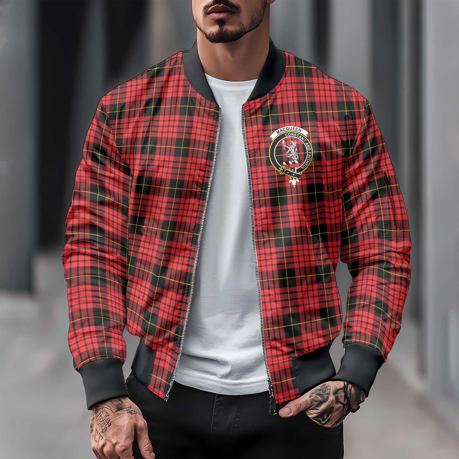 Clan Macqueen Tartan Men Bomber Jacket Crest And Plaid Basic Style