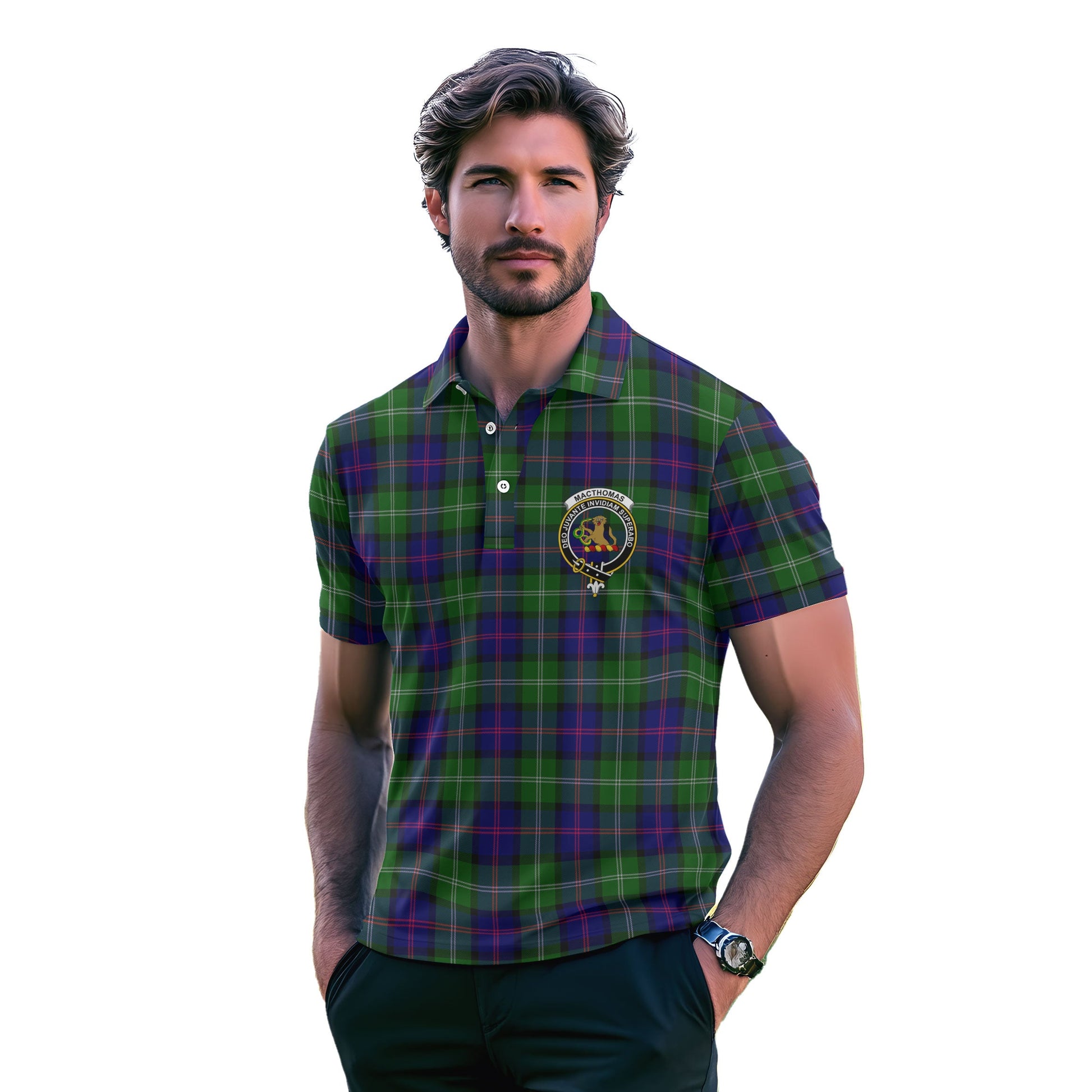 Clan Macthomas Tartan Golf Men Polo Shirt Crest And Plaid Basic Style