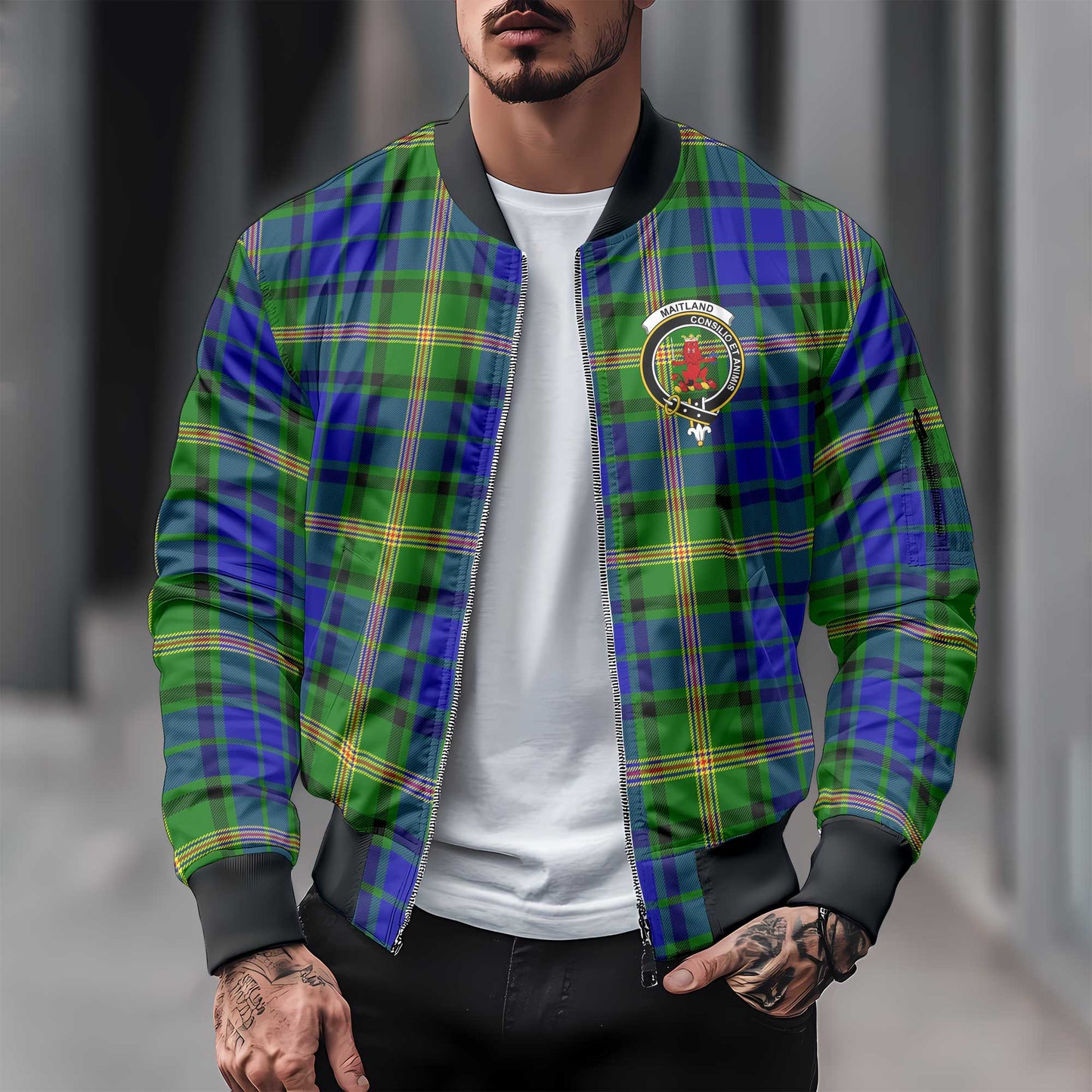 Clan Maitland Tartan Men Bomber Jacket Crest And Plaid Basic Style