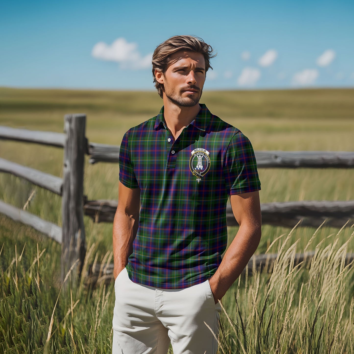 Clan Malcolm Tartan Golf Tartan Men Polo Shirt Crest And Plaid Basic Style