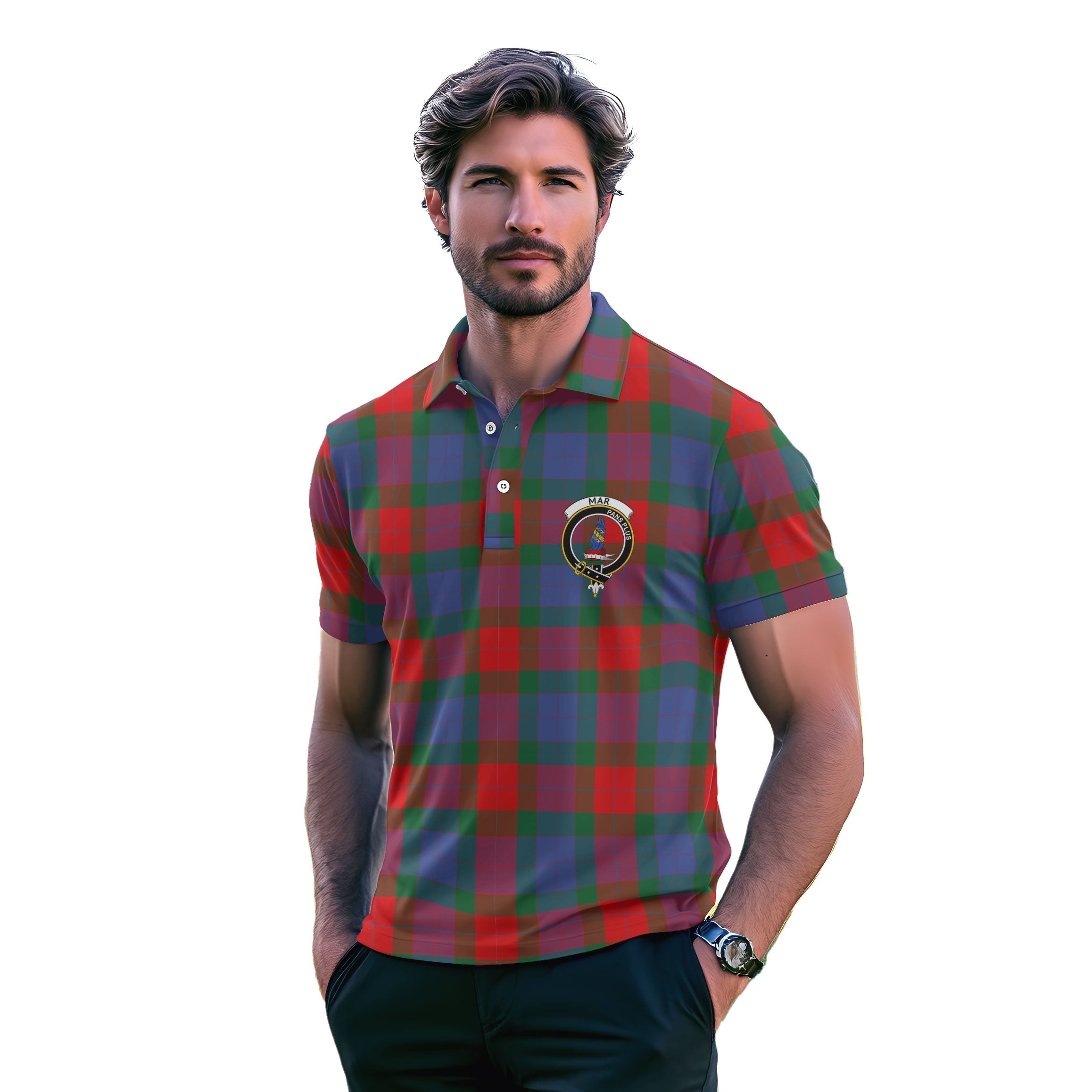 Clan Mar Tartan Men Polo Shirt Crest And Plaid Basic Style