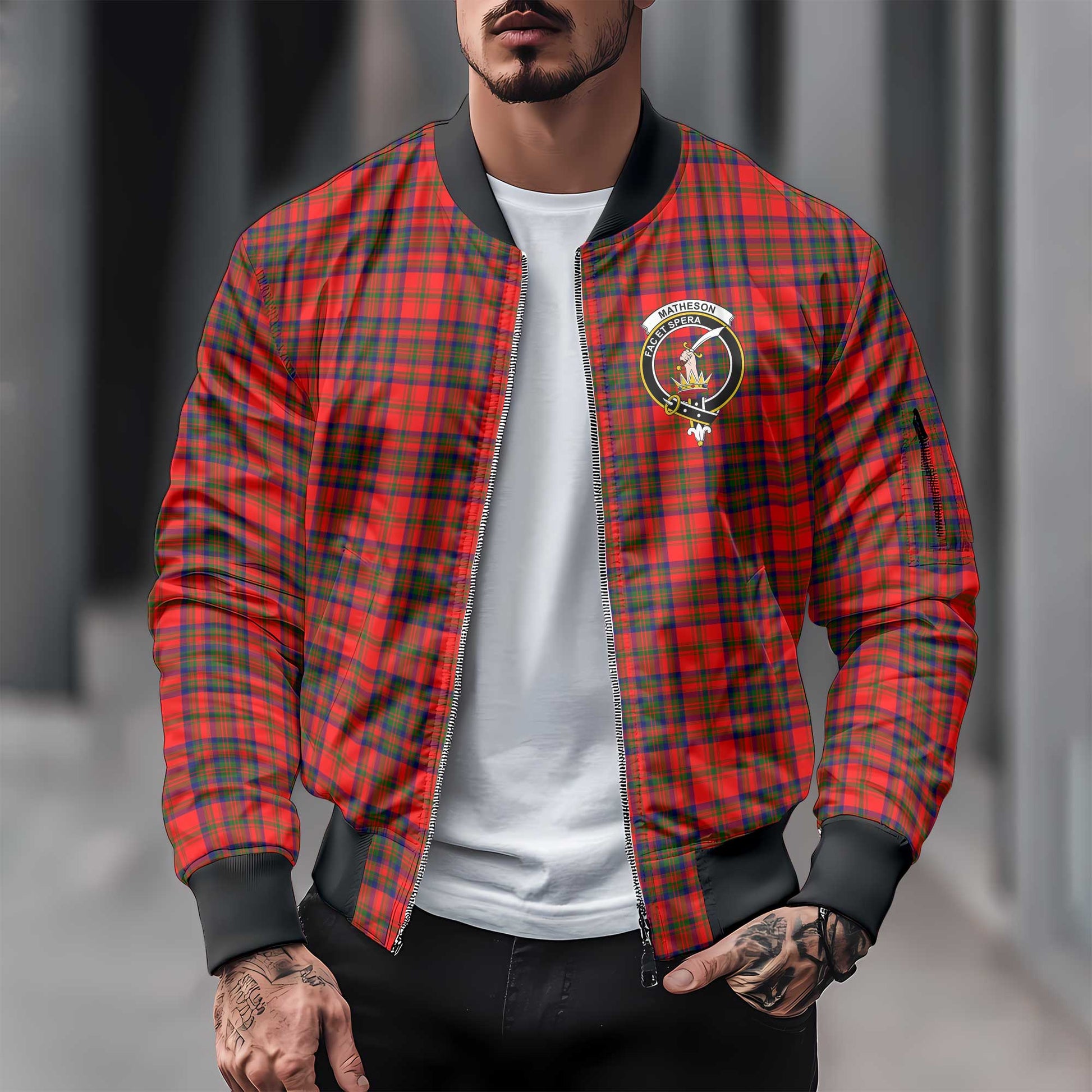 Clan Matheson Tartan Men Bomber Jacket Crest And Plaid Basic Style