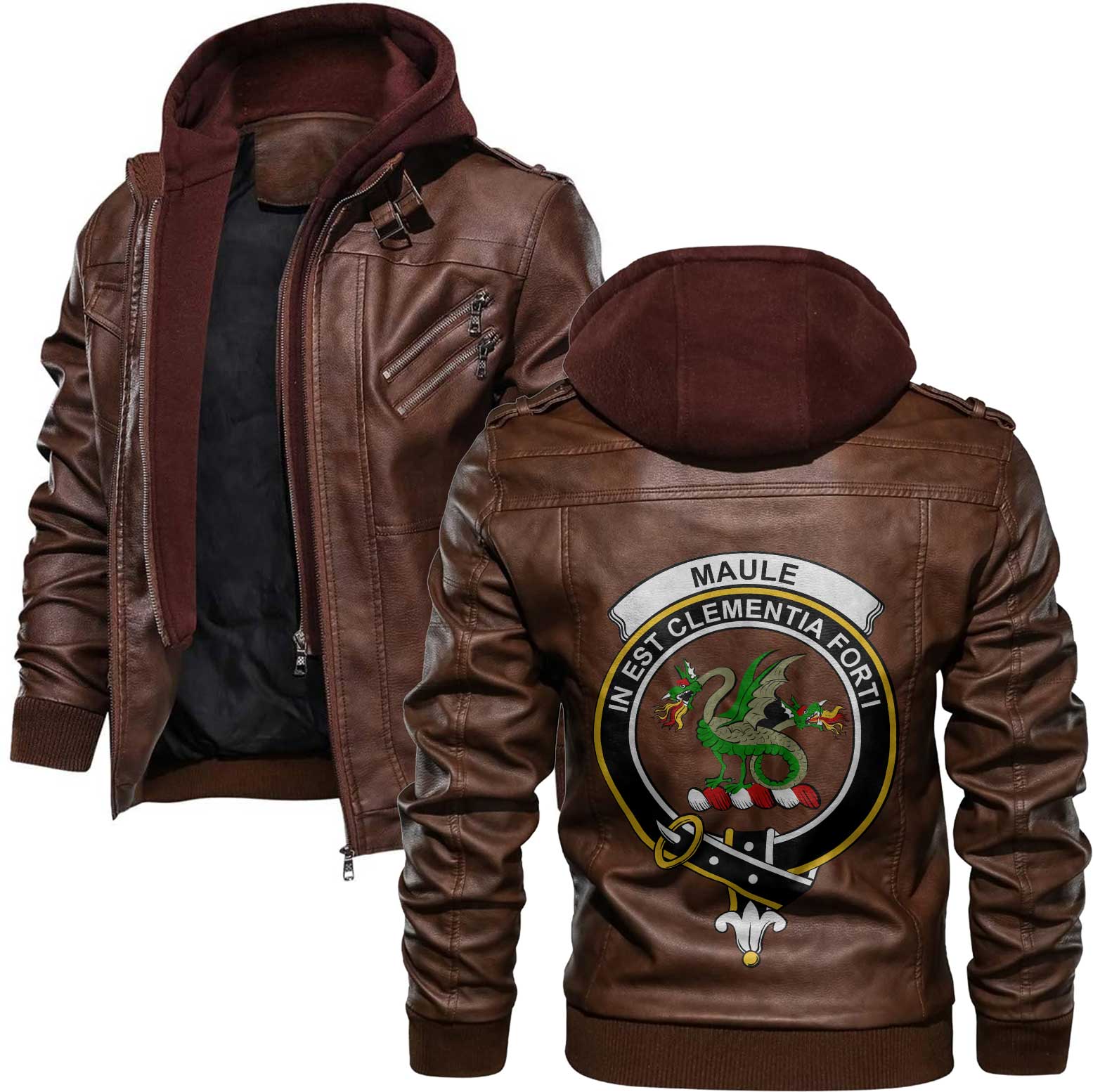 Clan Maule Tartan Zip Leather Jacket Crest And Plaid Basic Style