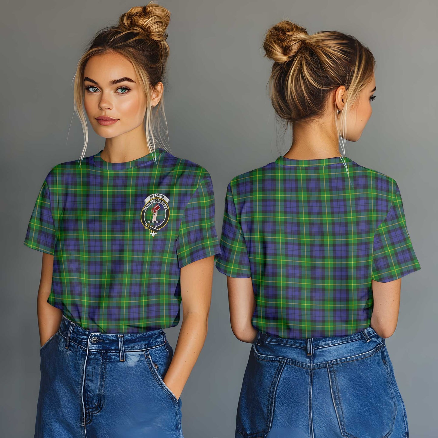 Clan Meldrum Tartan Women T Shirt Crest And Plaid Basic Style