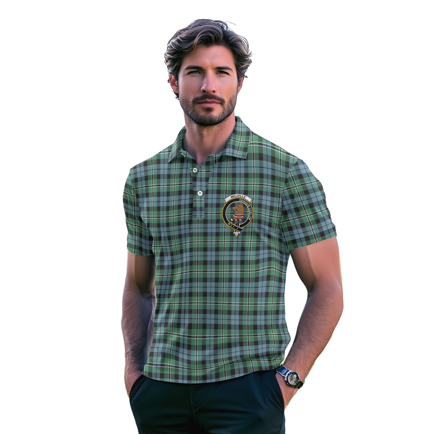 Clan Melville Tartan Golf Men Polo Shirt Crest And Plaid Basic Style