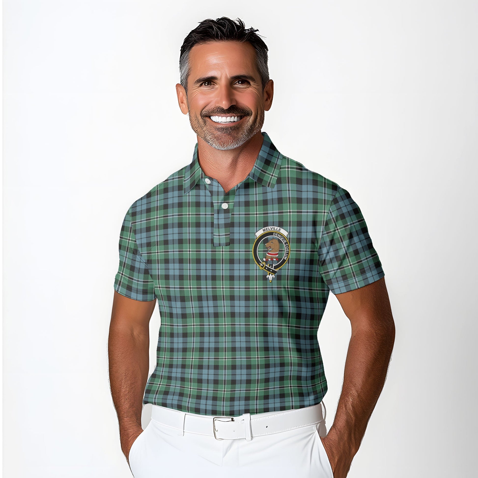 Clan Melville Tartan Golf Tartan Men Polo Shirt Crest And Plaid Basic Style