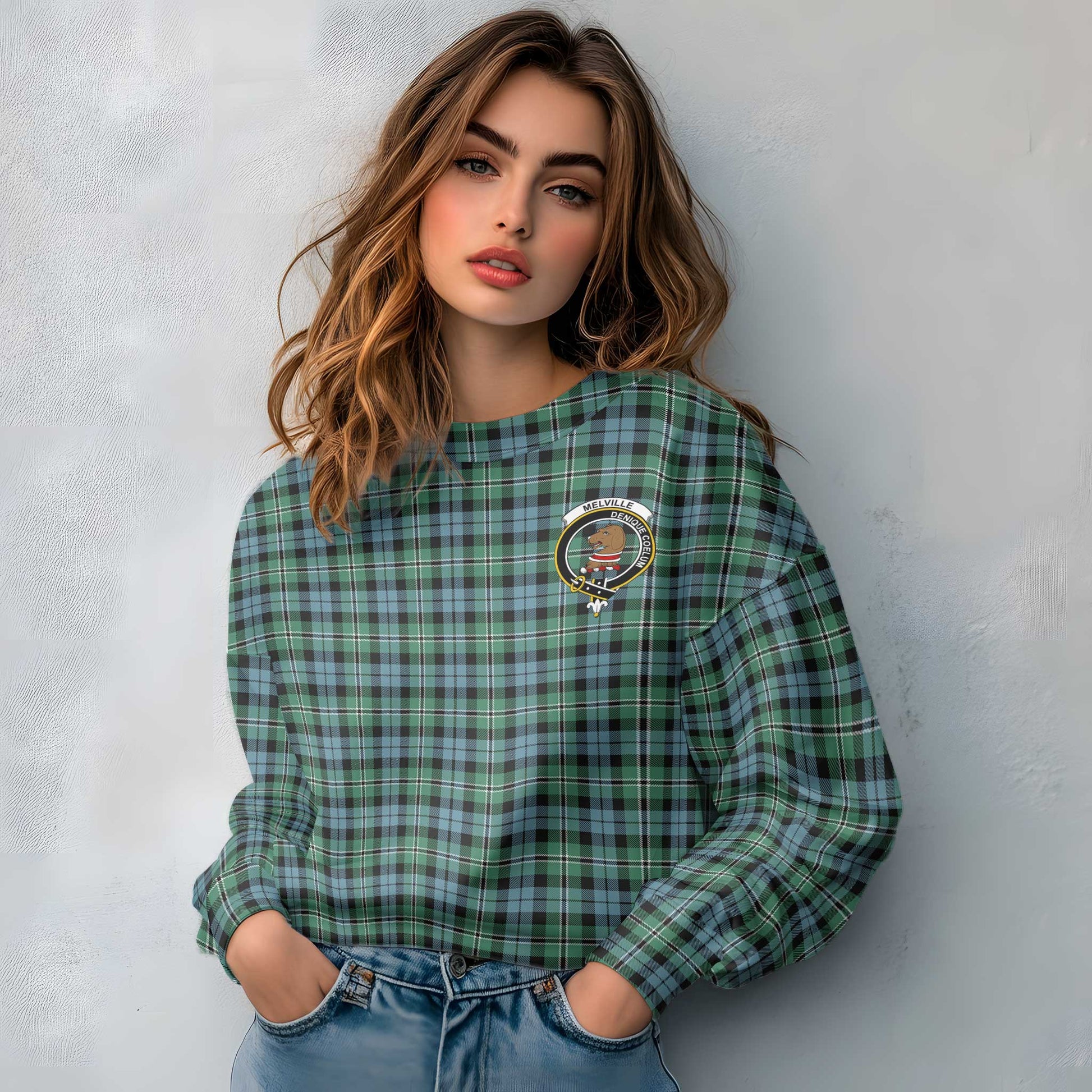 Clan Melville Tartan Women Sweatshirt Crest And Plaid Basic Style