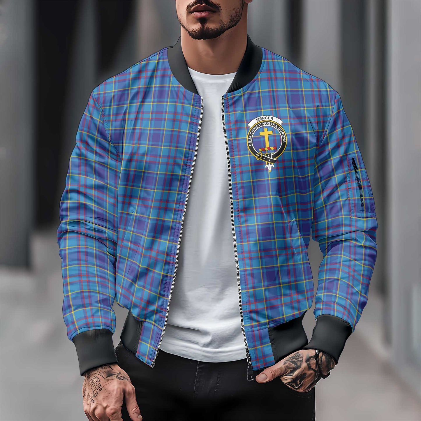 Clan Mercer Tartan Men Bomber Jacket Crest And Plaid Basic Style