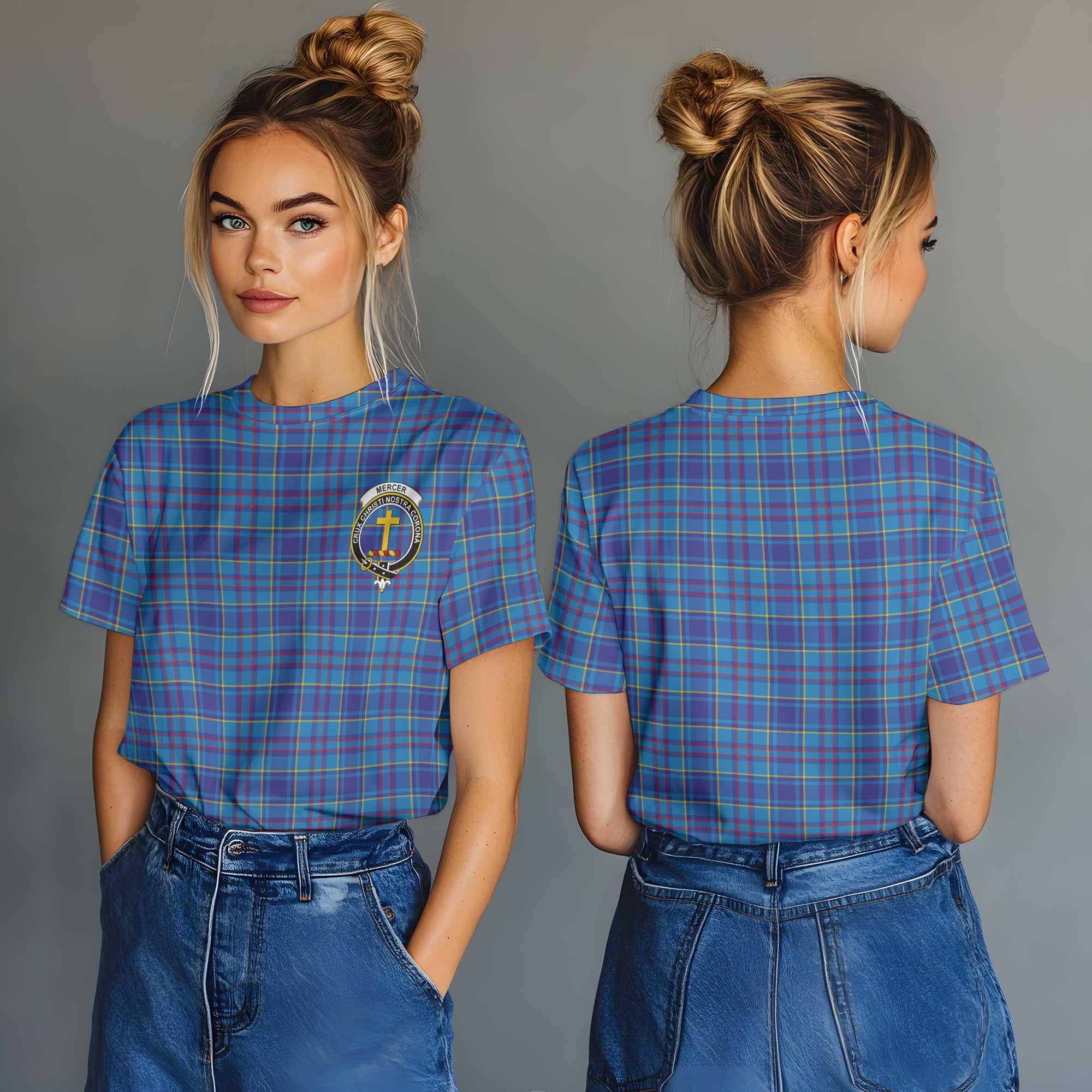 Clan Mercer Tartan Women T Shirt Crest And Plaid Basic Style