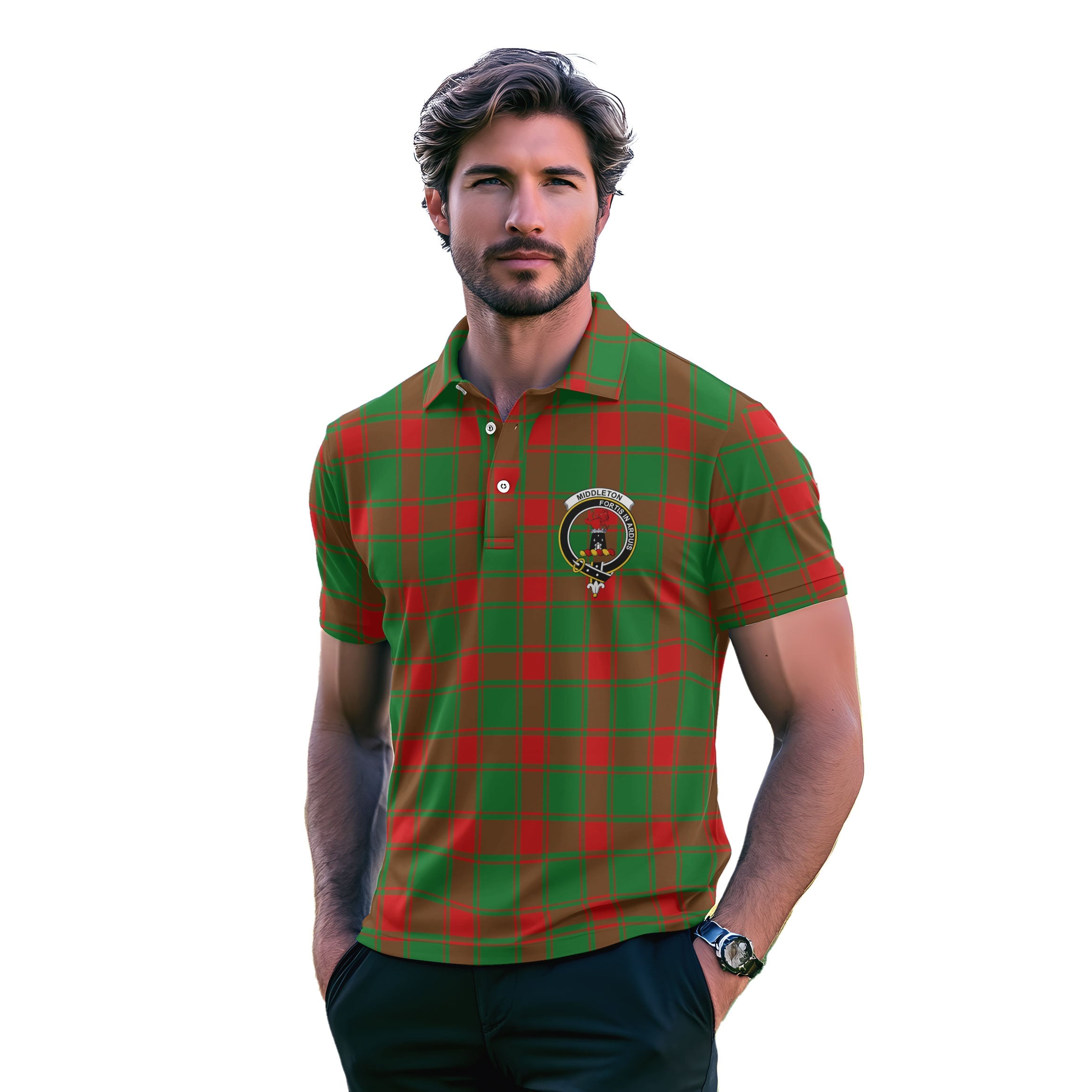 Clan Middleton Tartan Men Polo Shirt Crest And Plaid Basic Style