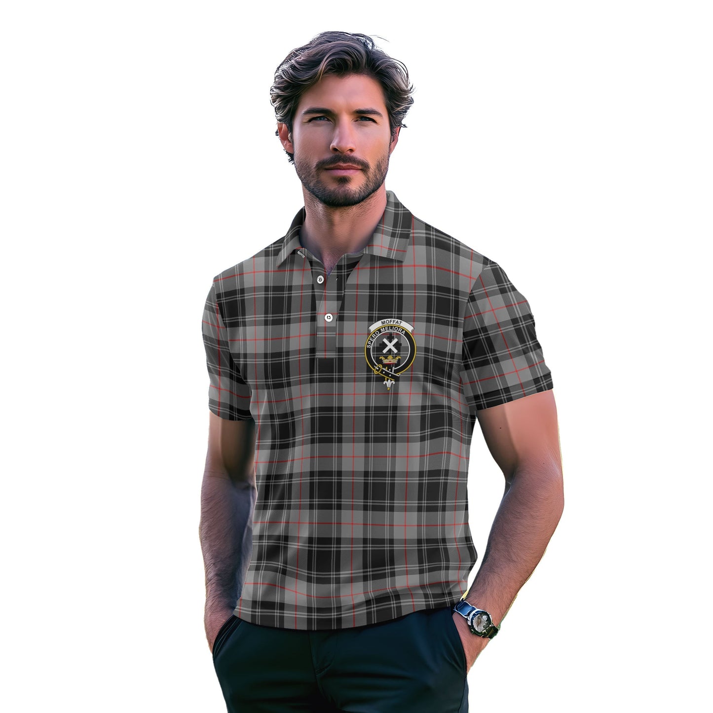 Clan Moffat Tartan Golf Tartan Men Polo Shirt Crest And Plaid Basic Style