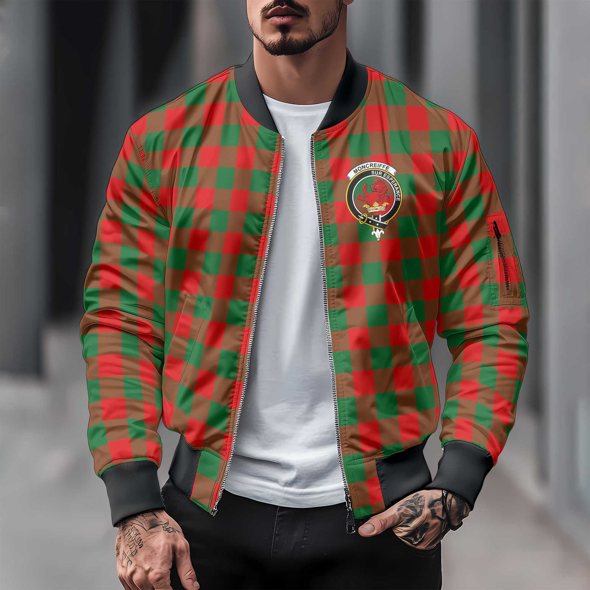 Clan Moncreiffe Tartan Men Bomber Jacket Crest And Plaid Basic Style