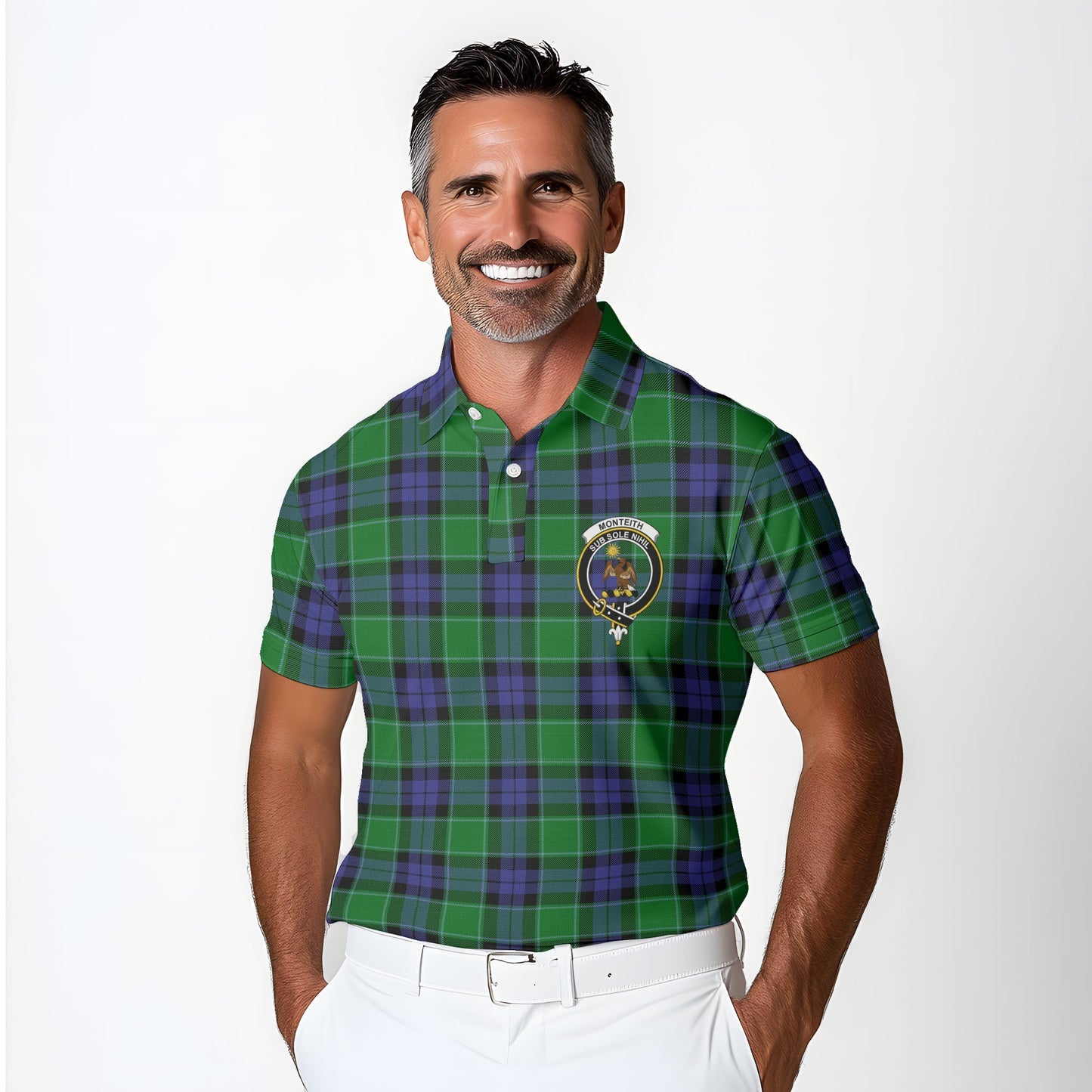 Clan Monteith Tartan Golf Tartan Men Polo Shirt Crest And Plaid Basic Style