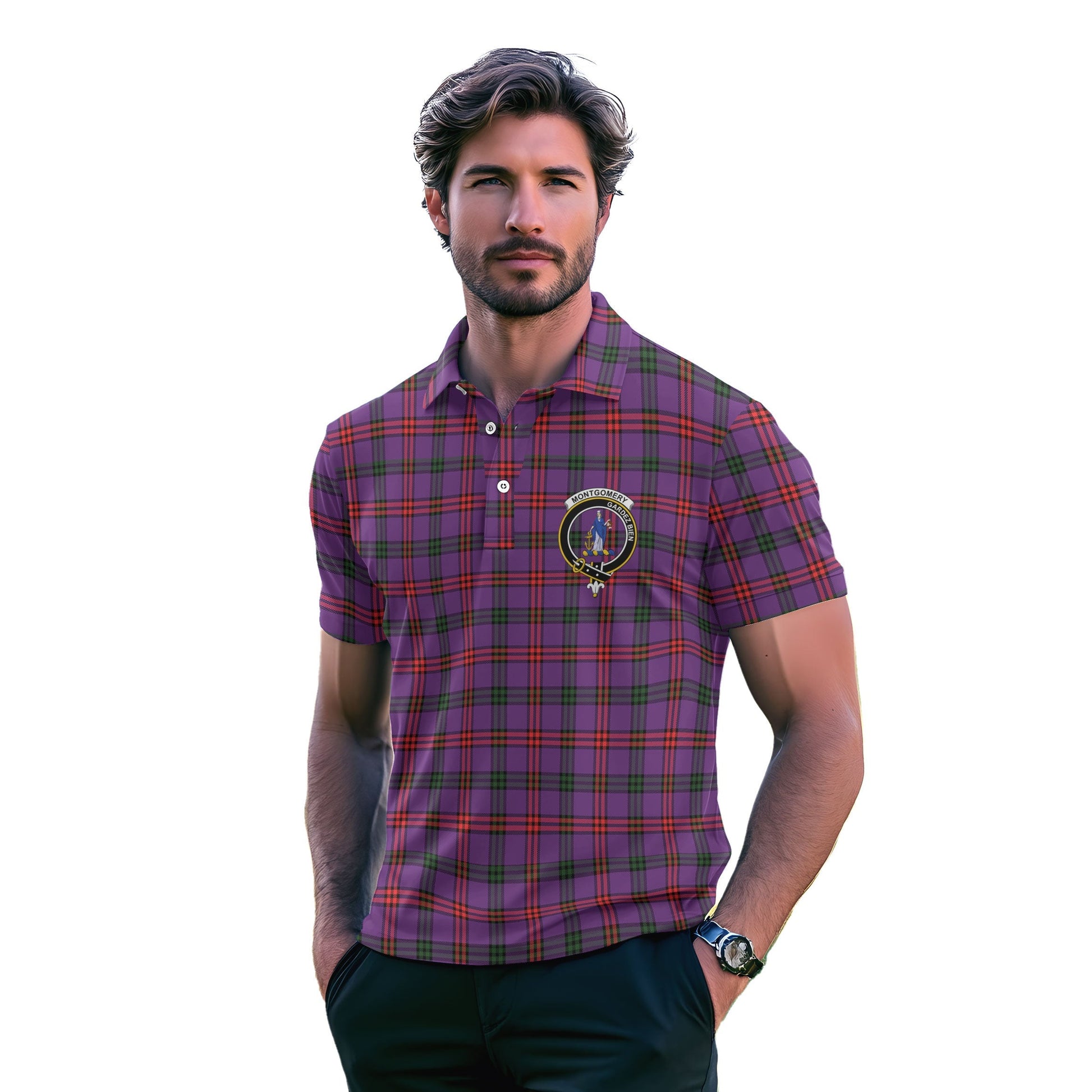 Clan Montgomery Tartan Golf Tartan Men Polo Shirt Crest And Plaid Basic Style