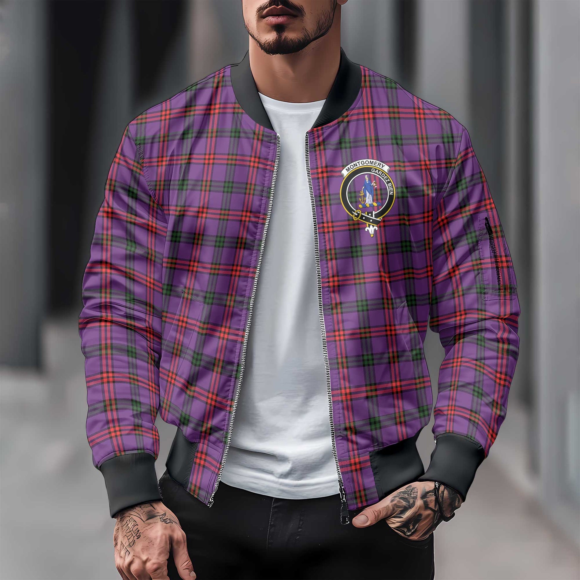 Clan Montgomery Tartan Men Bomber Jacket Crest And Plaid Basic Style