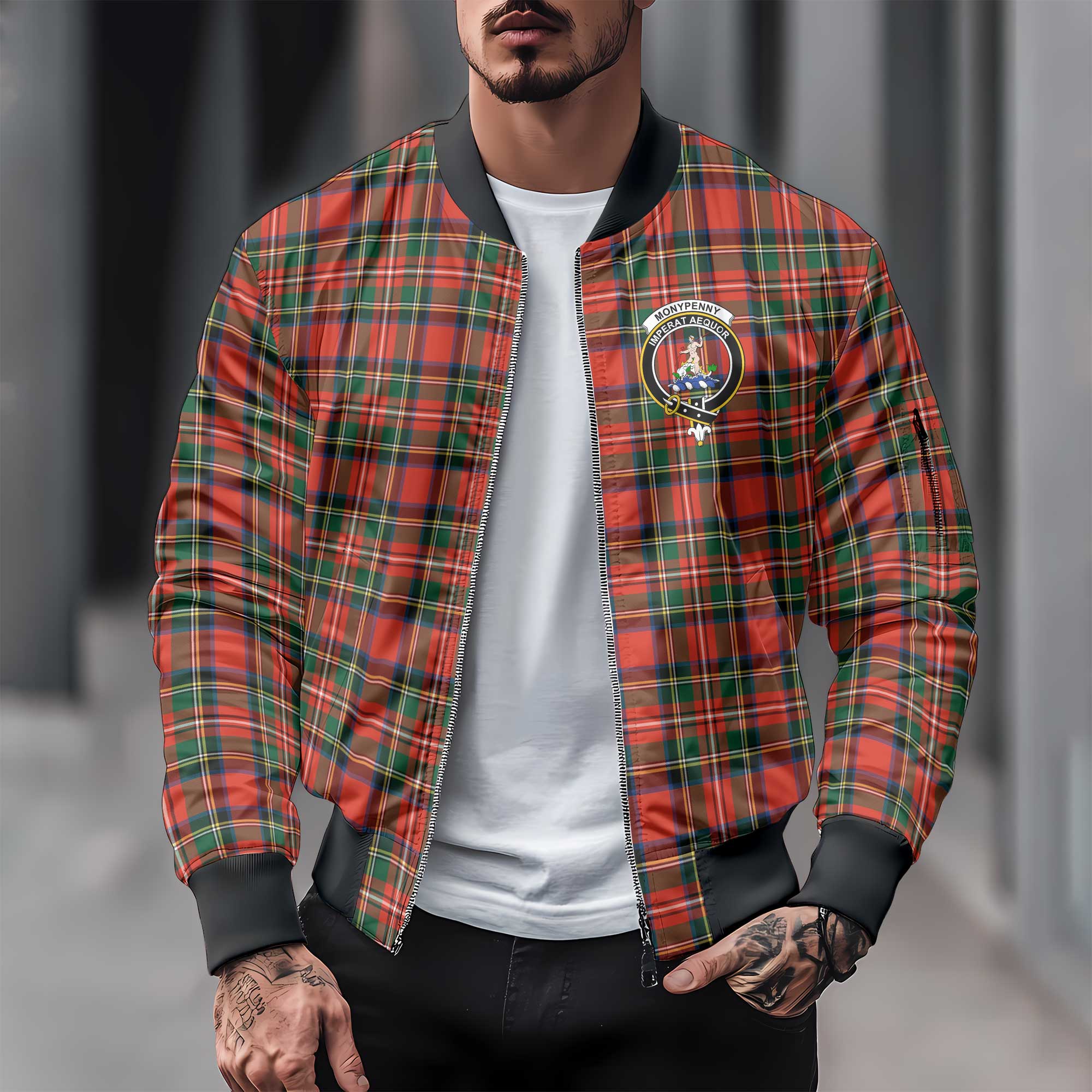 Clan Monypenny Tartan Men Bomber Jacket Crest And Plaid Basic Style